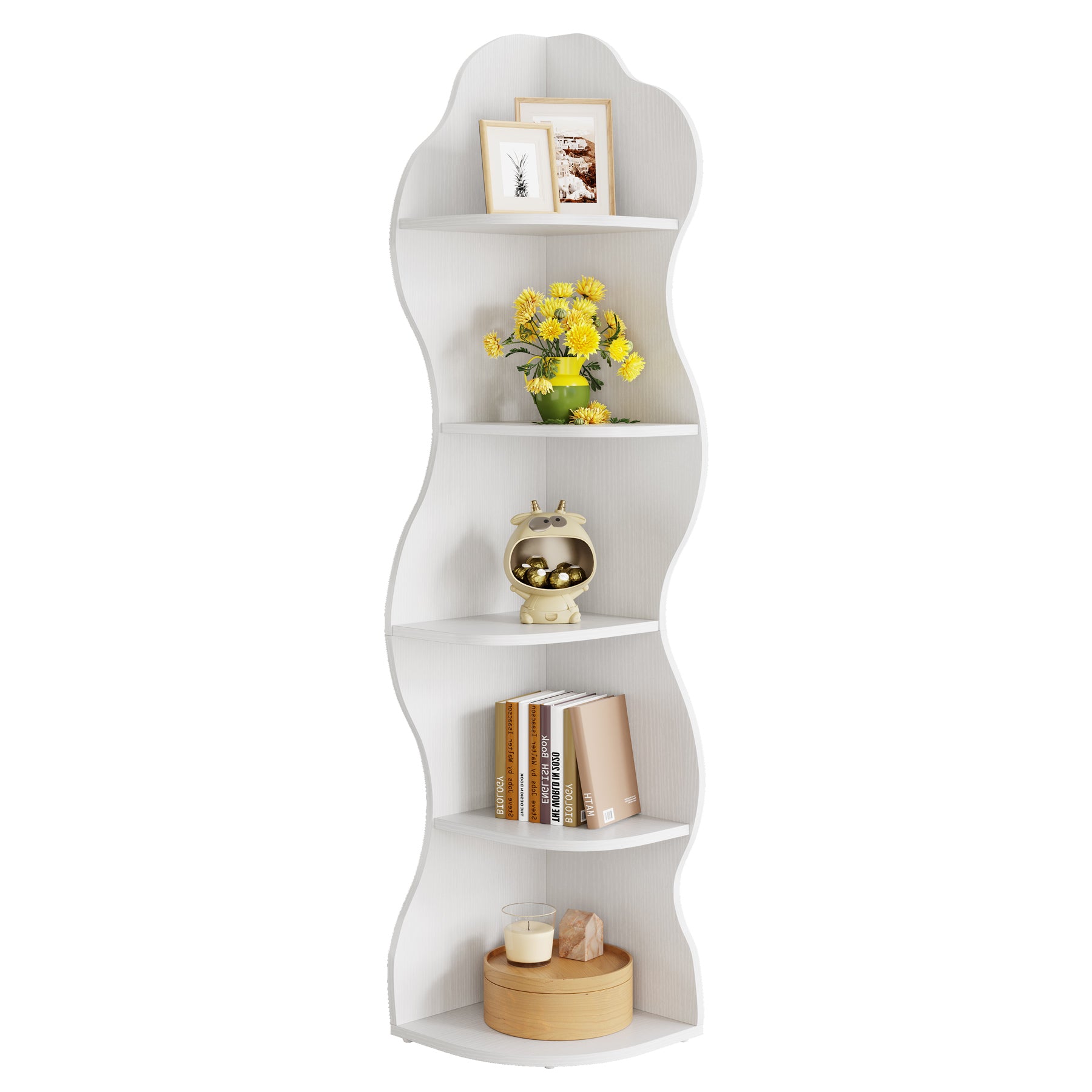 Tribesigns White 5-Tier Corner Bookshelf, Curved Tall Bookcase for Small Spaces