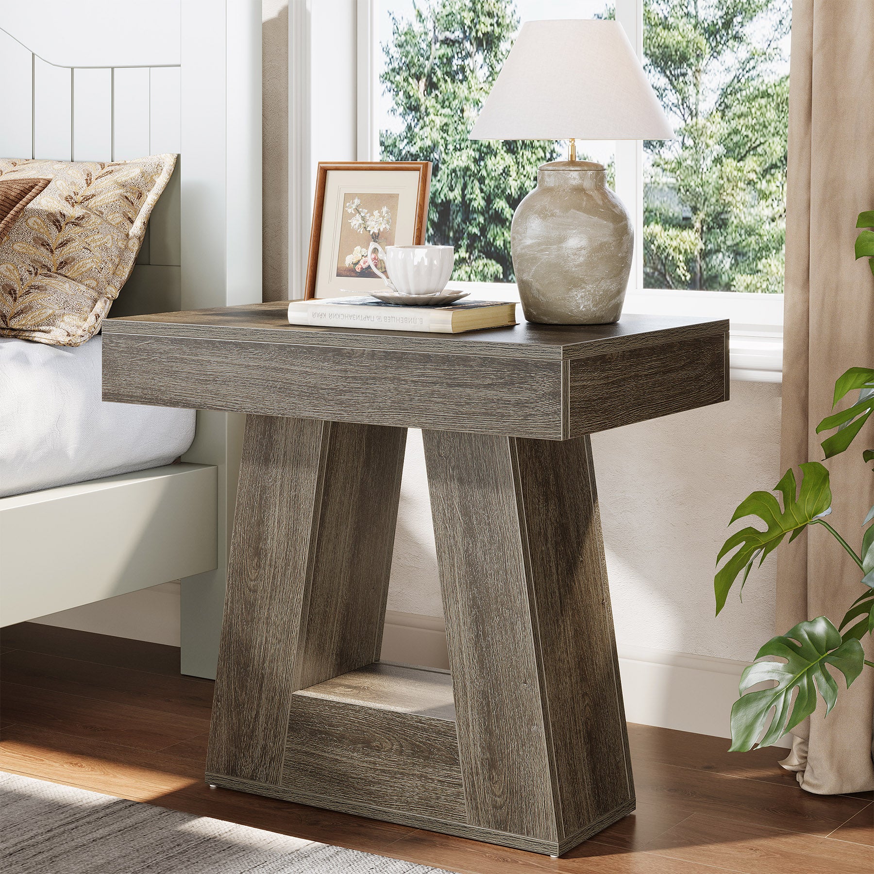 2-Tier Nightstand, Narrow Bedside Table with Trapezoid Base for Bedroom