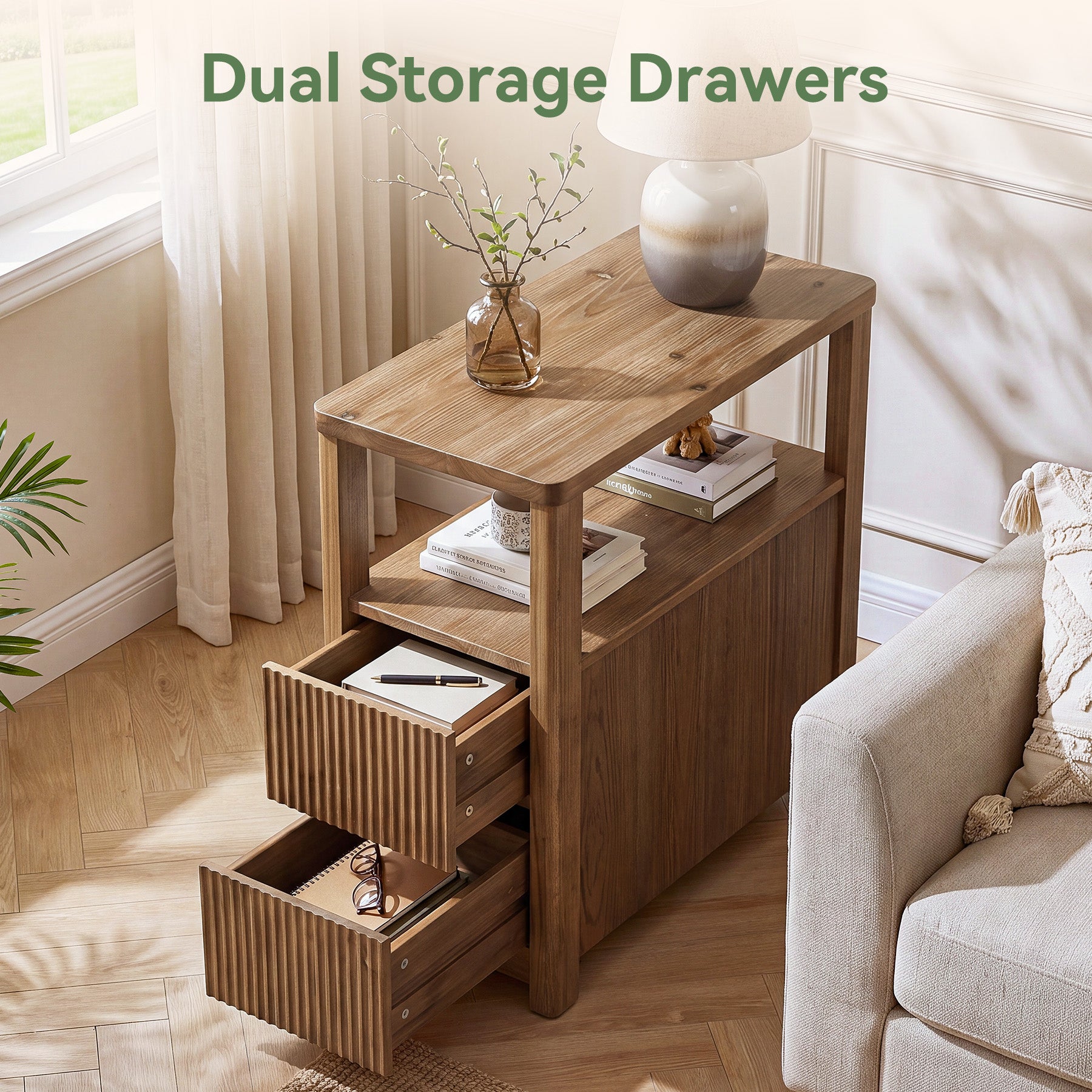 Solid Wood End Table with 2 Drawers, Narrow Side Table Nightstand for Living Room, Bedroom