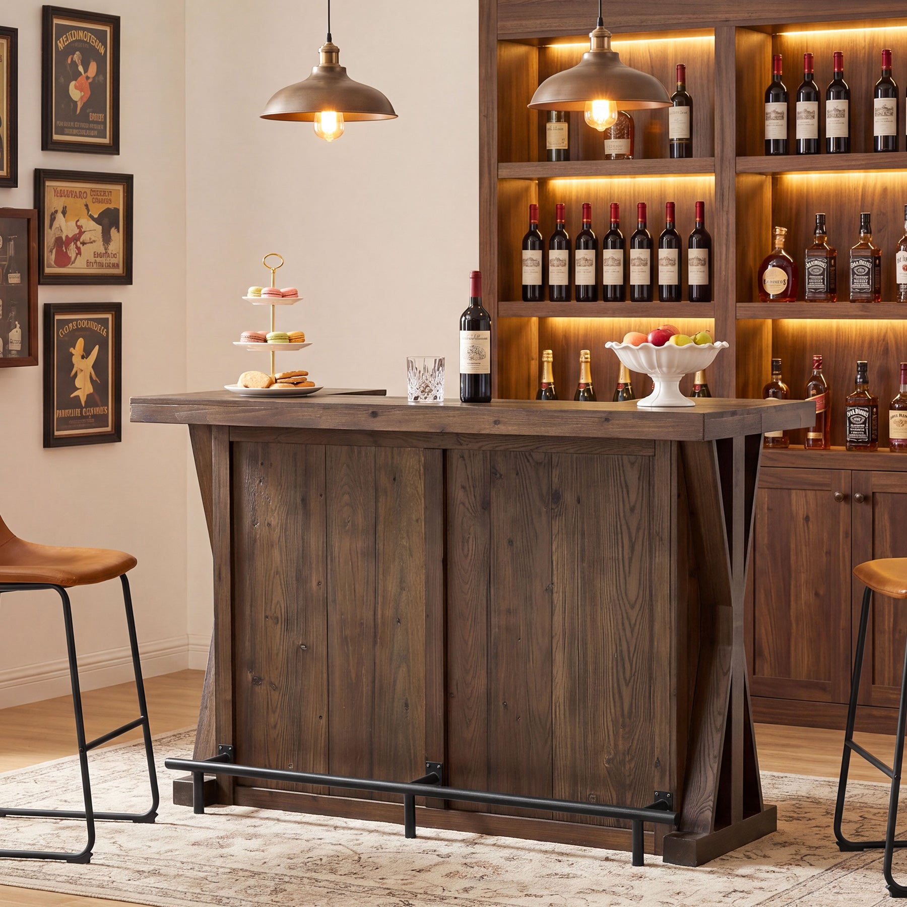 59" Home Bar Unit with Storage Shelves & Foot Rail, Farmhouse Solid Wood 3-Tier Bar Cabinet