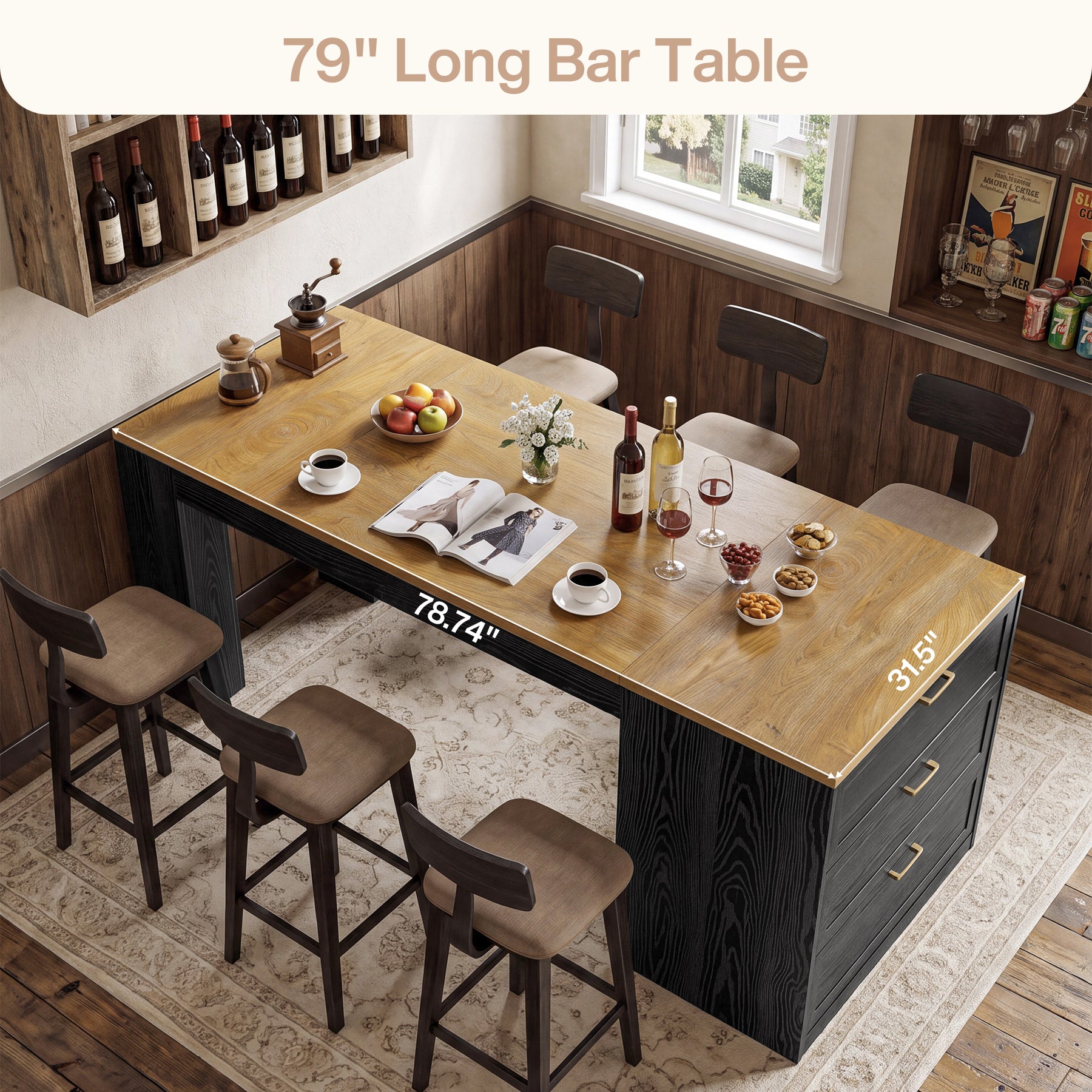 79" Extra Long Bar Table with 3 Drawers, Modern Two-Tone Counter Height Table