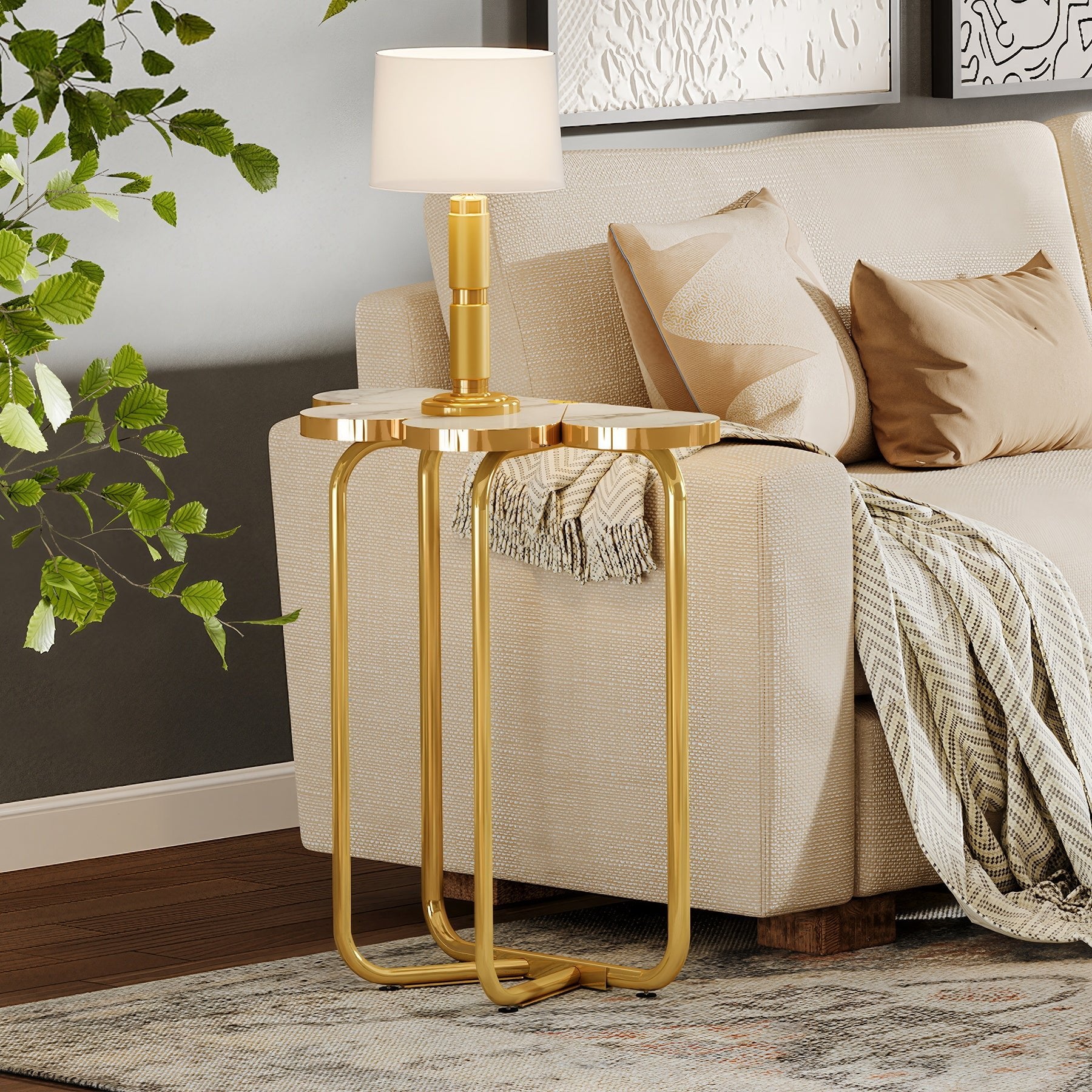 Half-Flower End Table, Faux Marble Side Table with Gold Frame