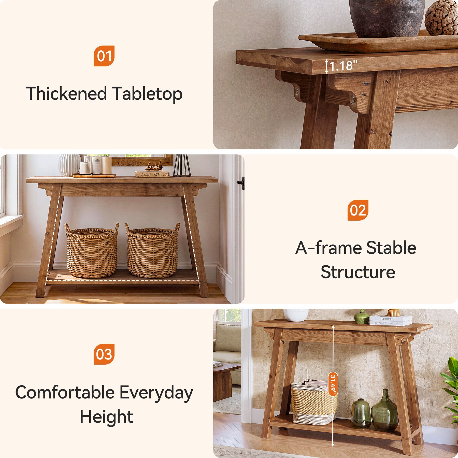 41.3" Solid Wood Console Table, 2-Tier Farmhouse Entryway Table with Stable A-Frame