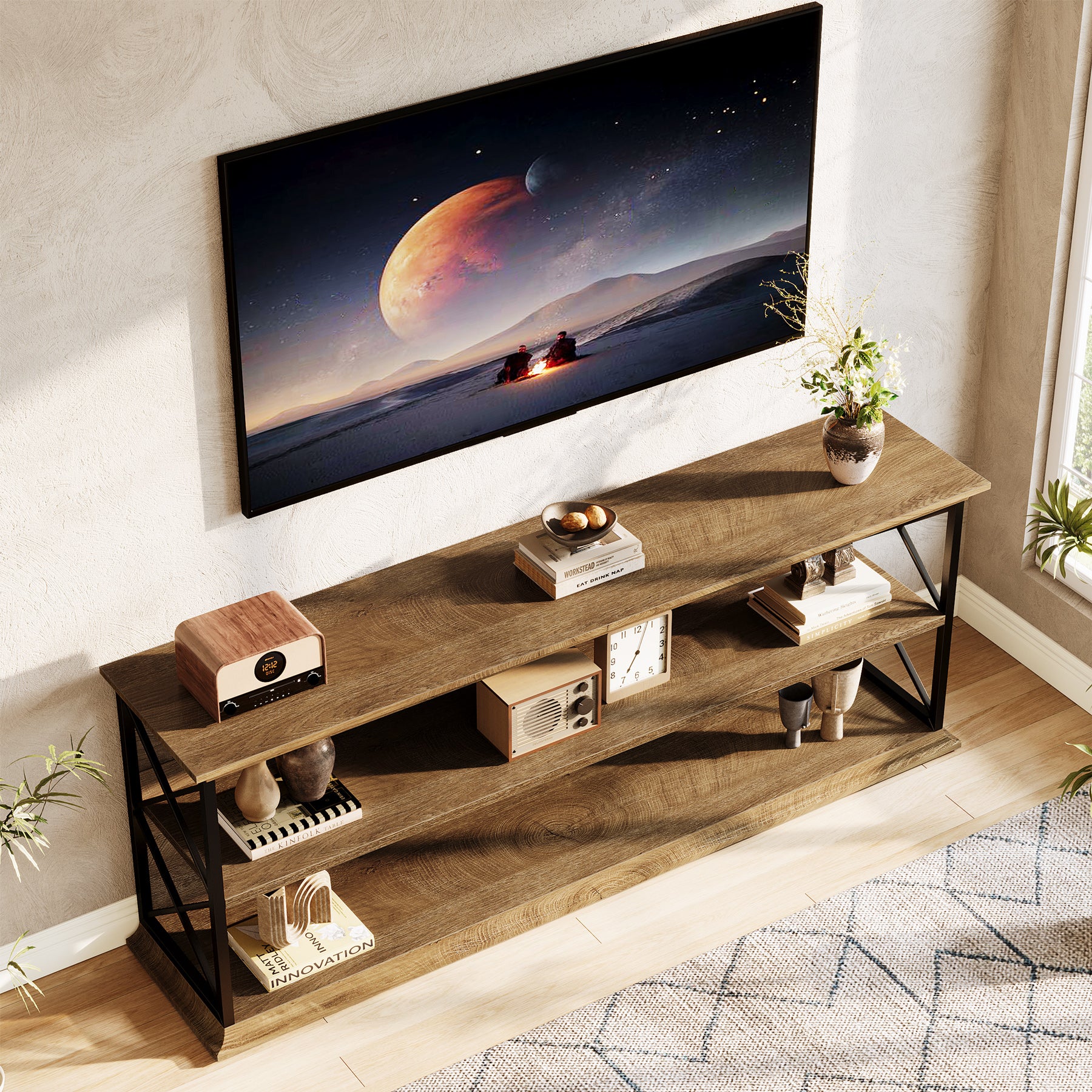 63" Industrial TV Stand for 55–75 Inch TVs, Wood & Metal Entertainment Center with 3-Tier Open Shelves