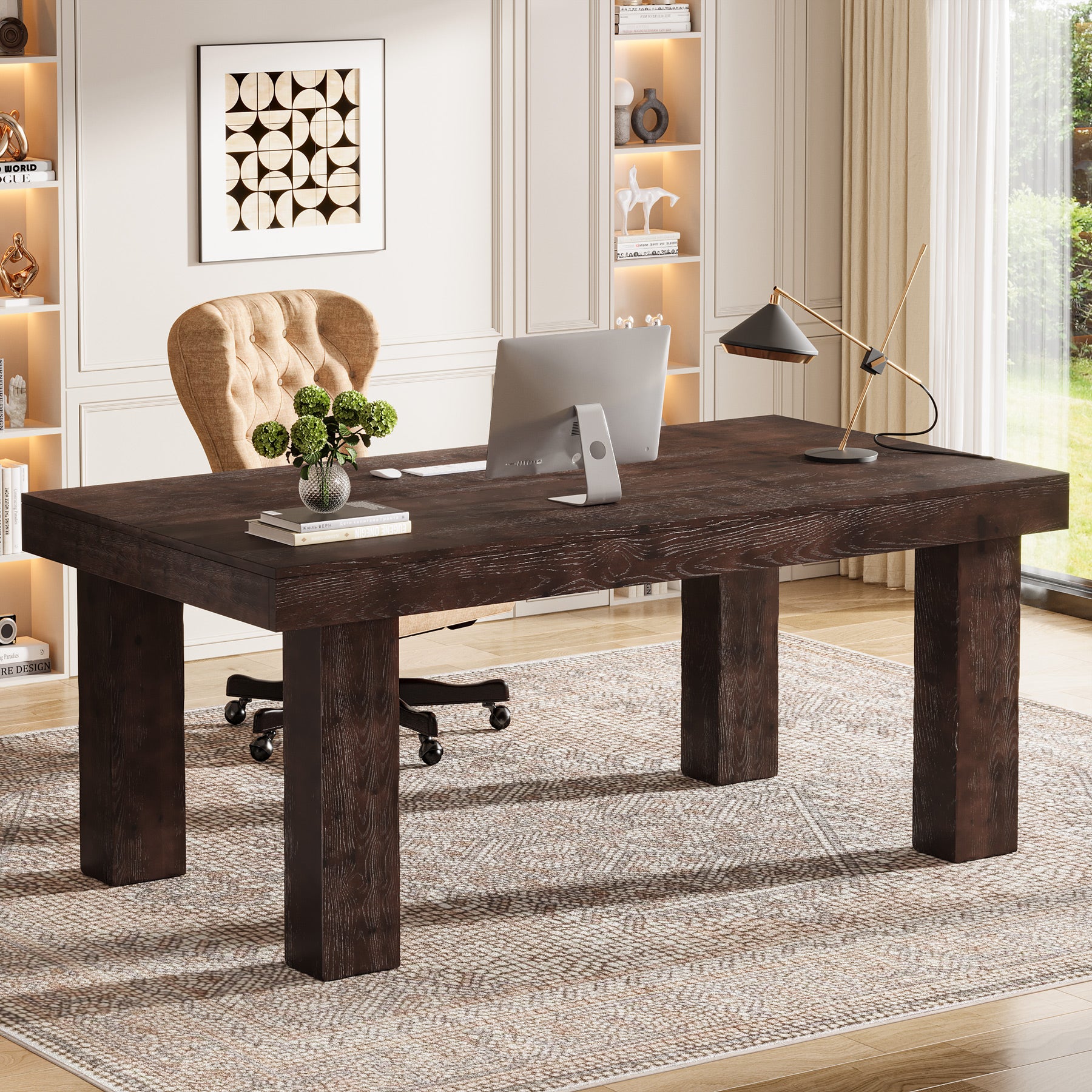 63" Executive Desk, Solid Wood Home Office Computer Desk with Sturdy Wooden Legs