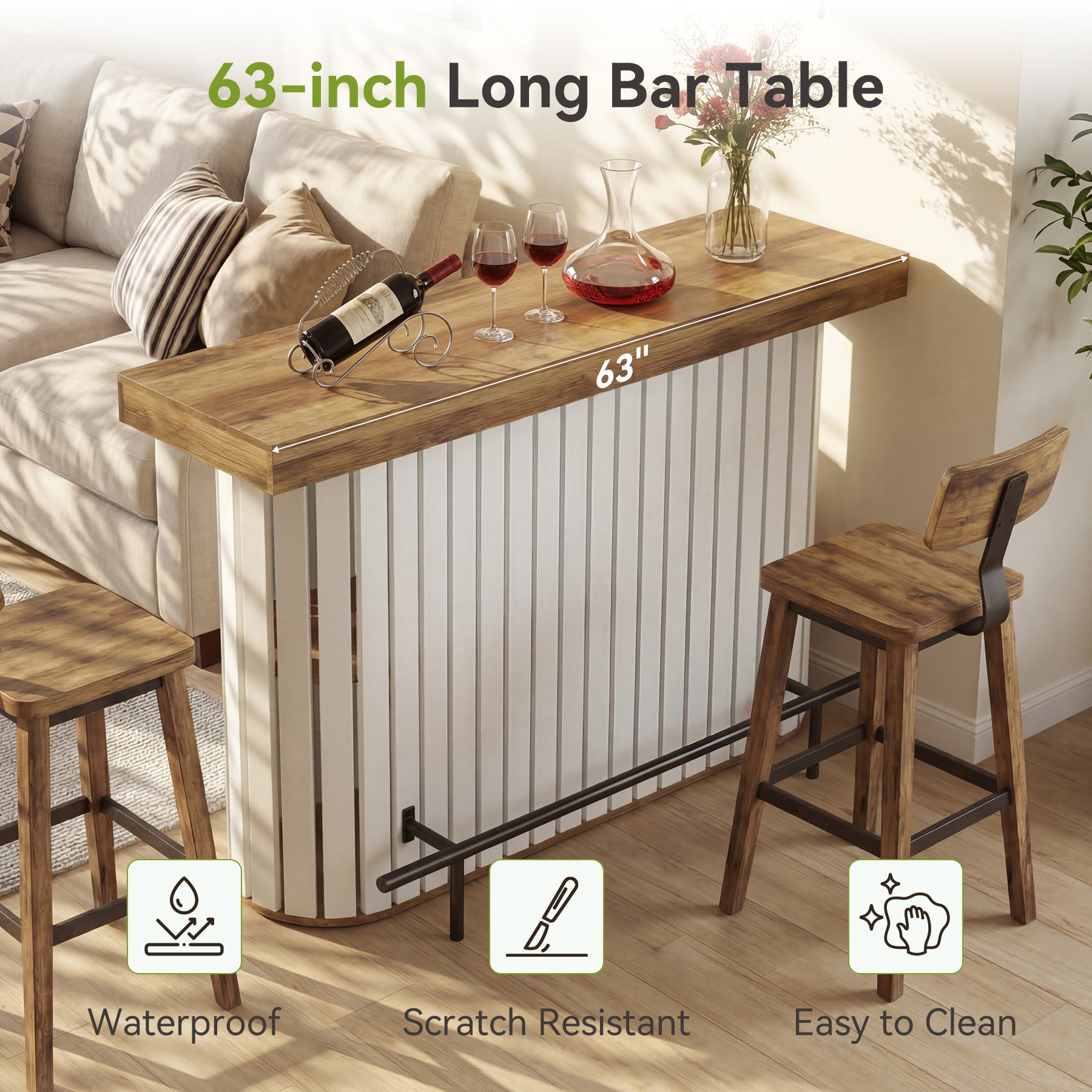 63" Counter Height Bar Table for 4-6, Modern Pub Table with 2-Tier Storage & Slatted Design