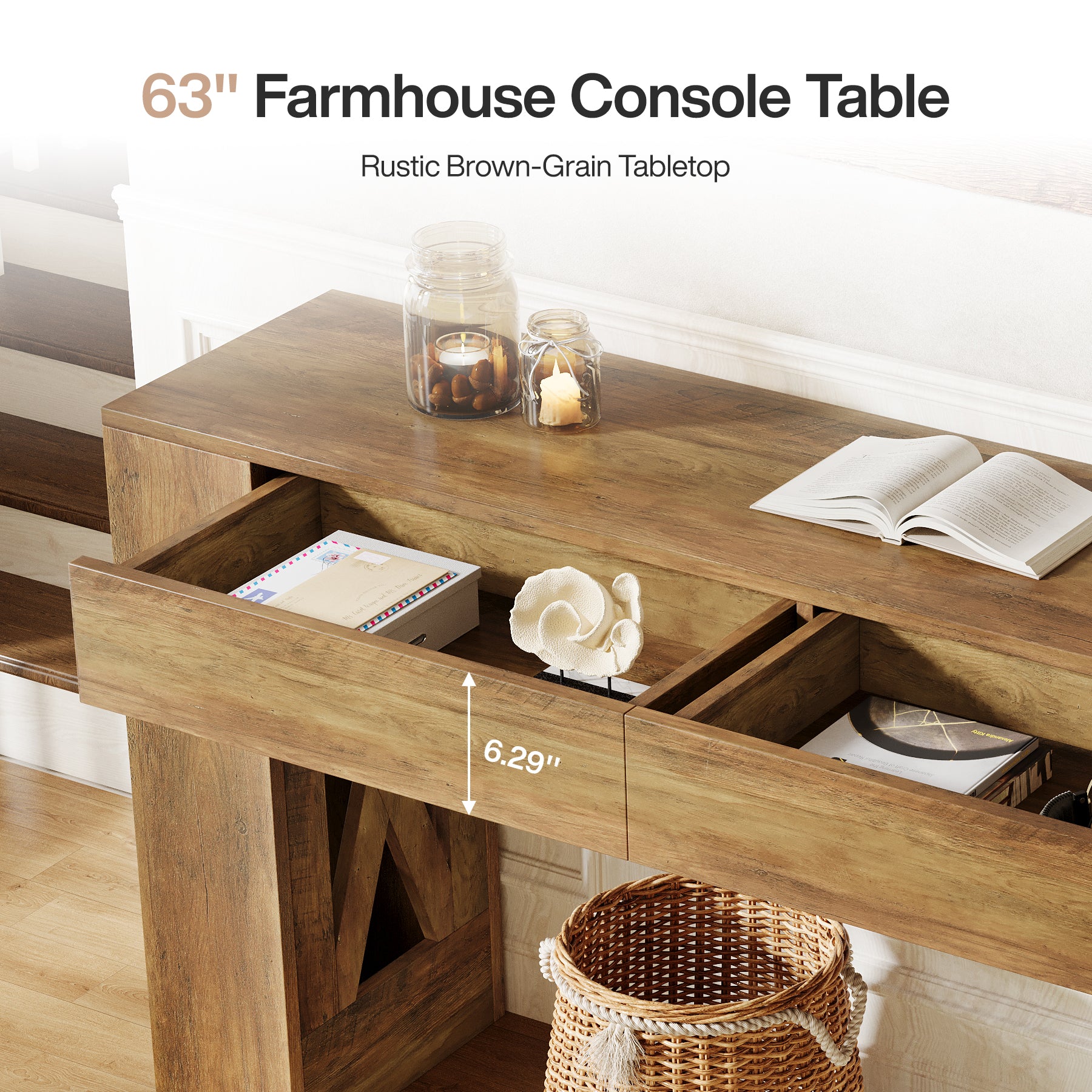 63" Console Table, Narrow Sofa Table with 2 Drawers and X-Shaped Legs