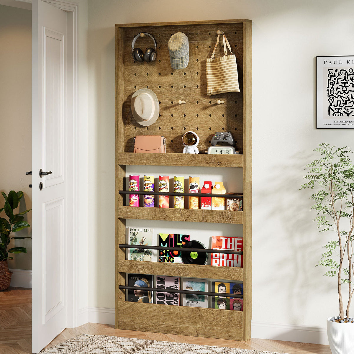 70" Tall Behind-the-Door Bookshelf with Pegboard & Hooks, Slim Wall-Mounted Storage