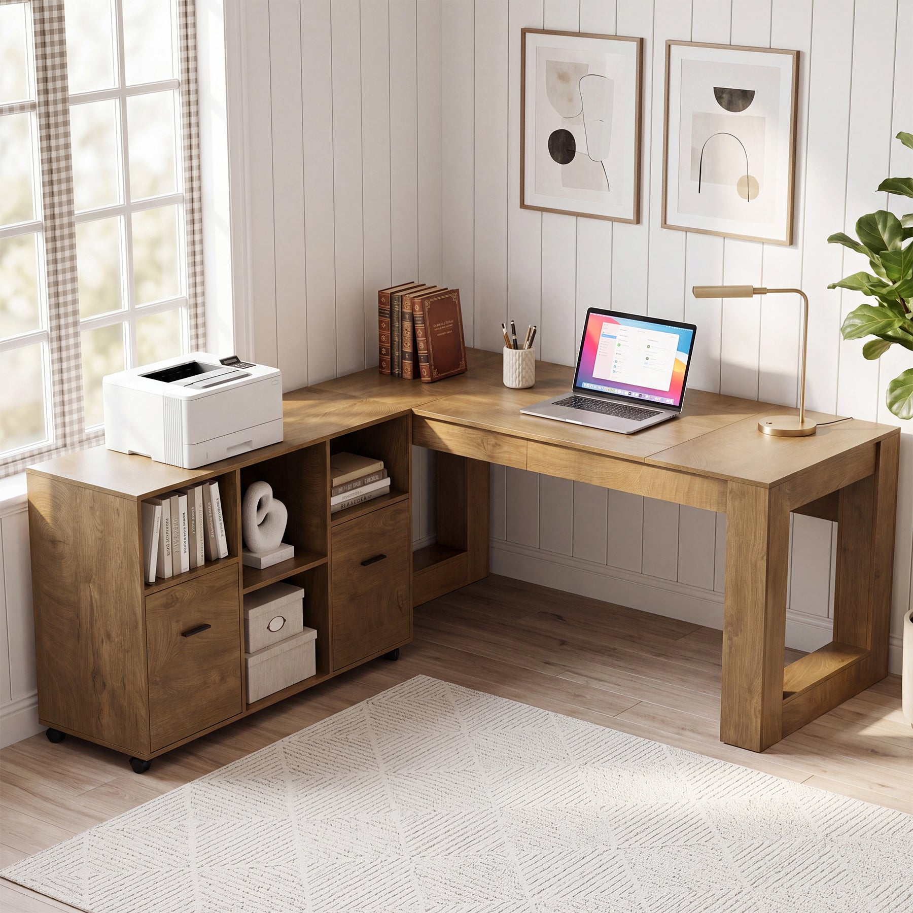 63" Executive Home Office Set,  L-Shaped Desk with Storage Shelves & Drawers