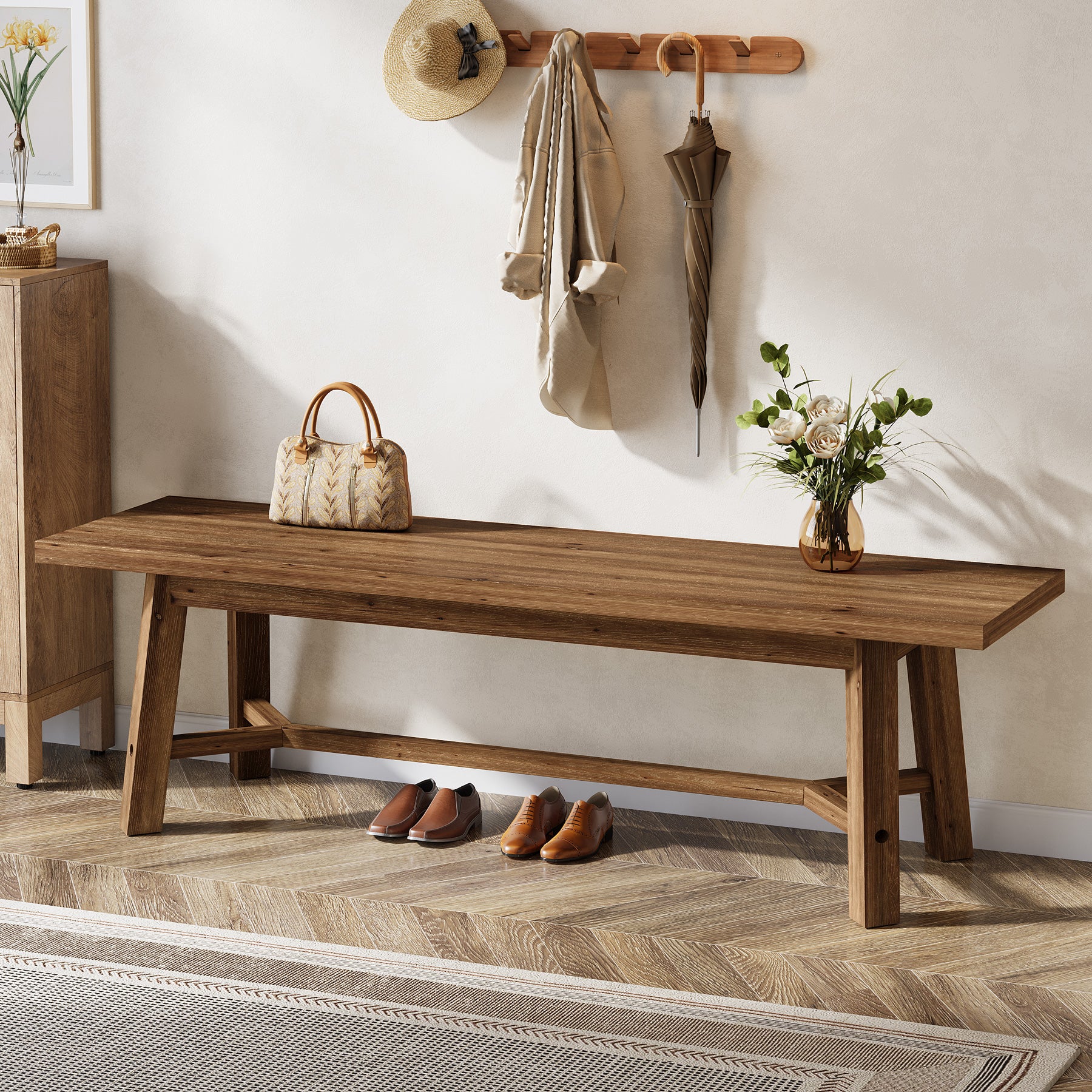 55" Solid Wood Bench, Farmhouse Long Bench Seat for Entryway