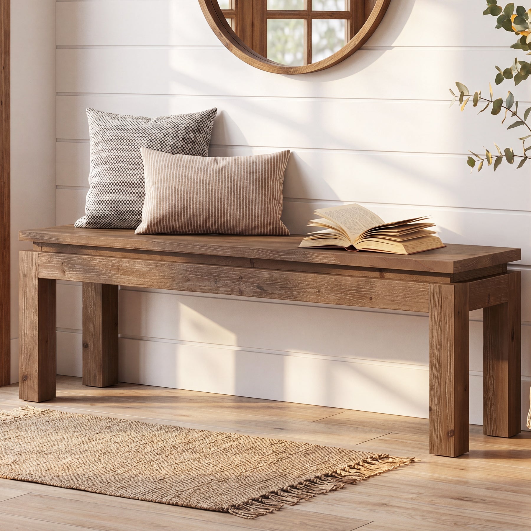 59" Solid Wood Entryway Bench, Farmhouse Shoe Bench Seat for Living Room