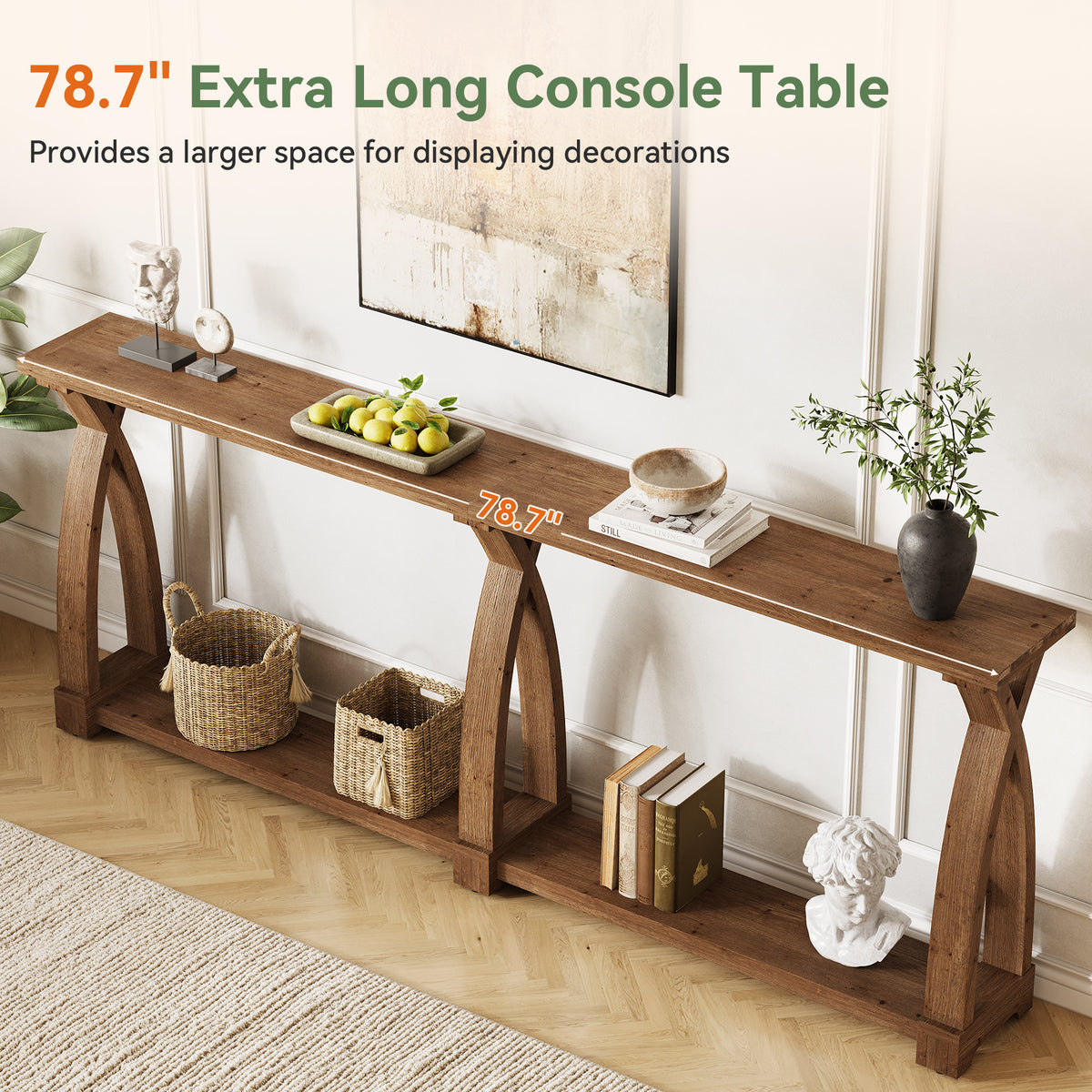79" Solid Wood Console Table, Narrow 2-Tier Entryway Table with Shelf