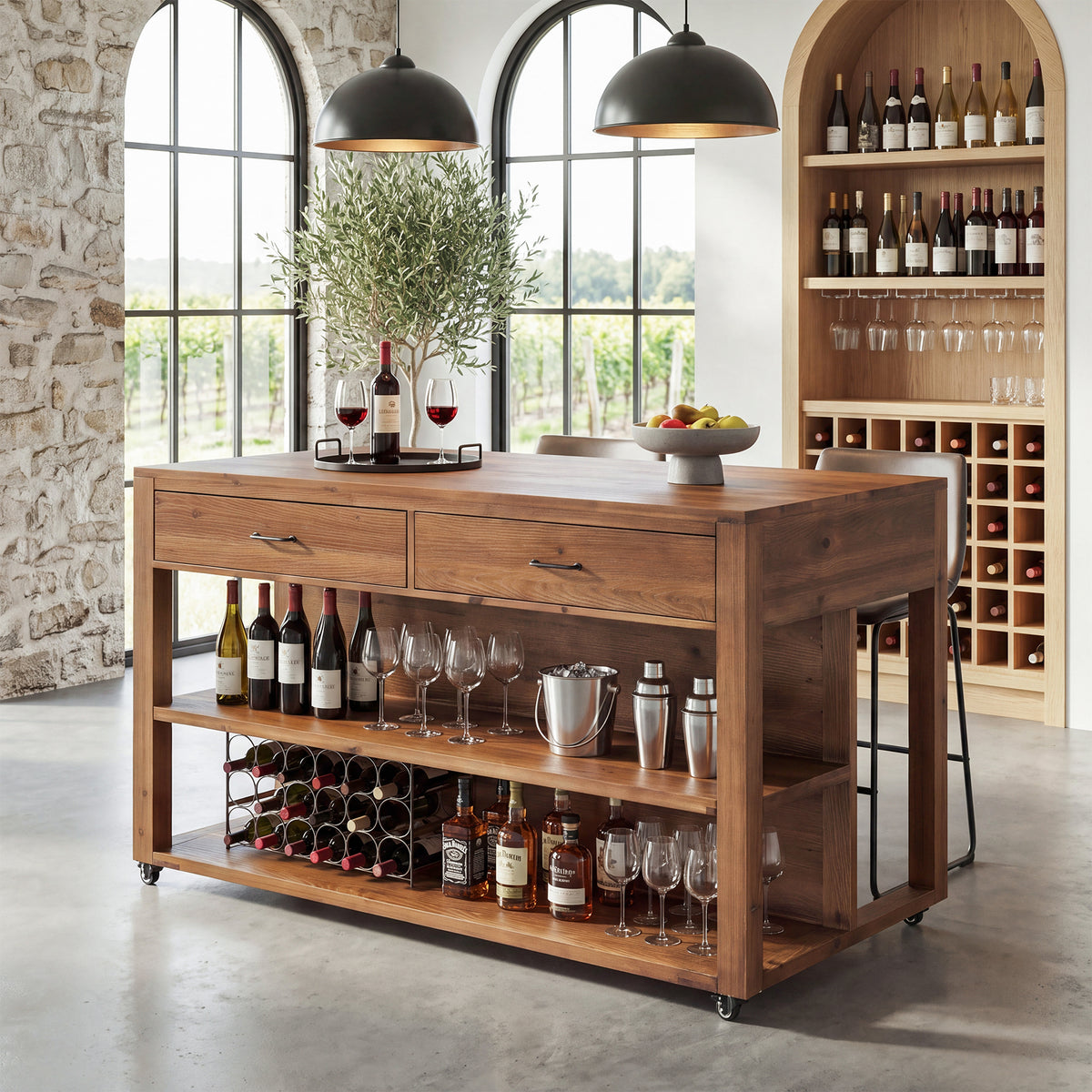 Rolling Bar Table, Solid Wood with 4 Drawers, 2-Tier Open Shelves & 4 Wheels
