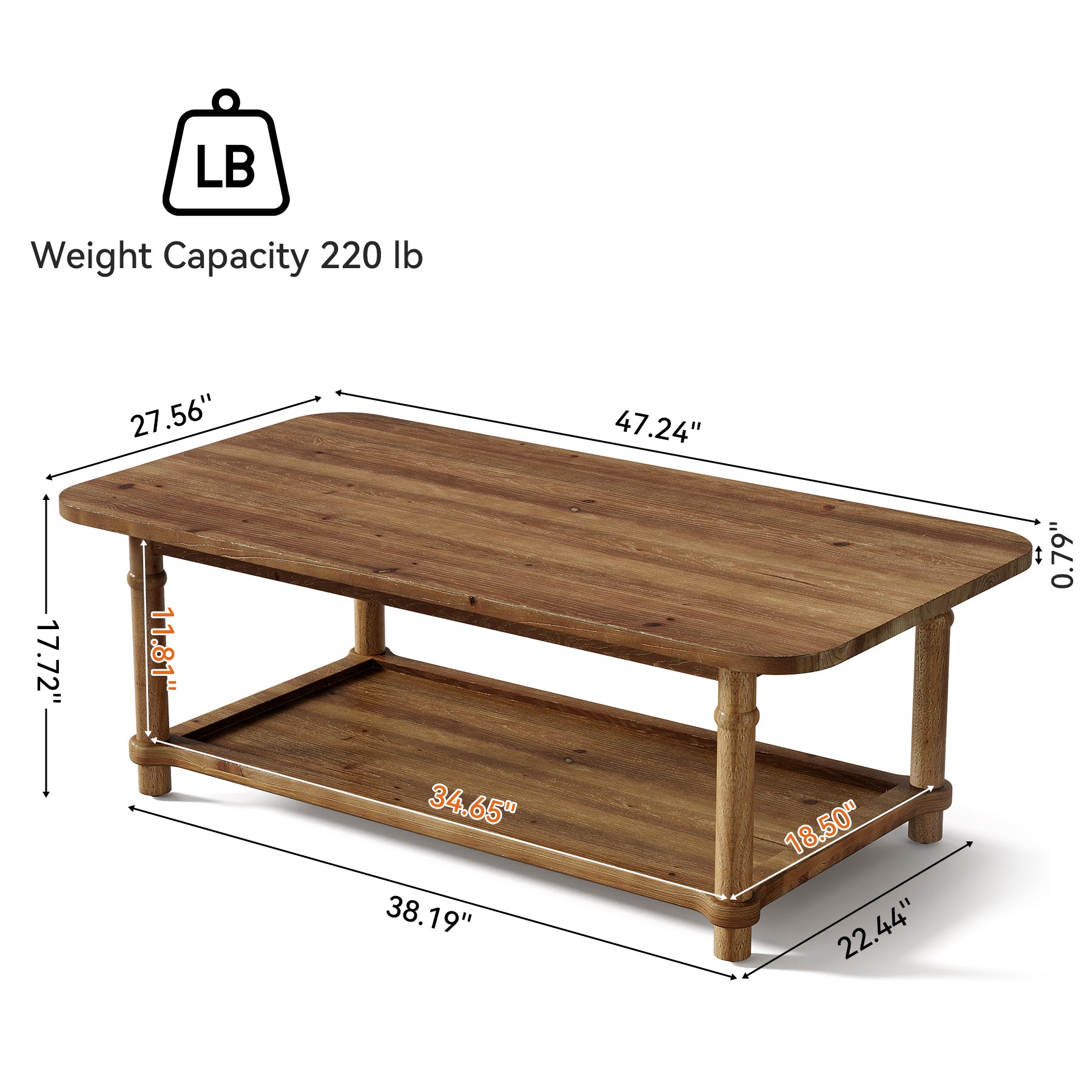 Rectangle Solid Wood Coffee Table, 47" Center Table with 2-Tier Storage