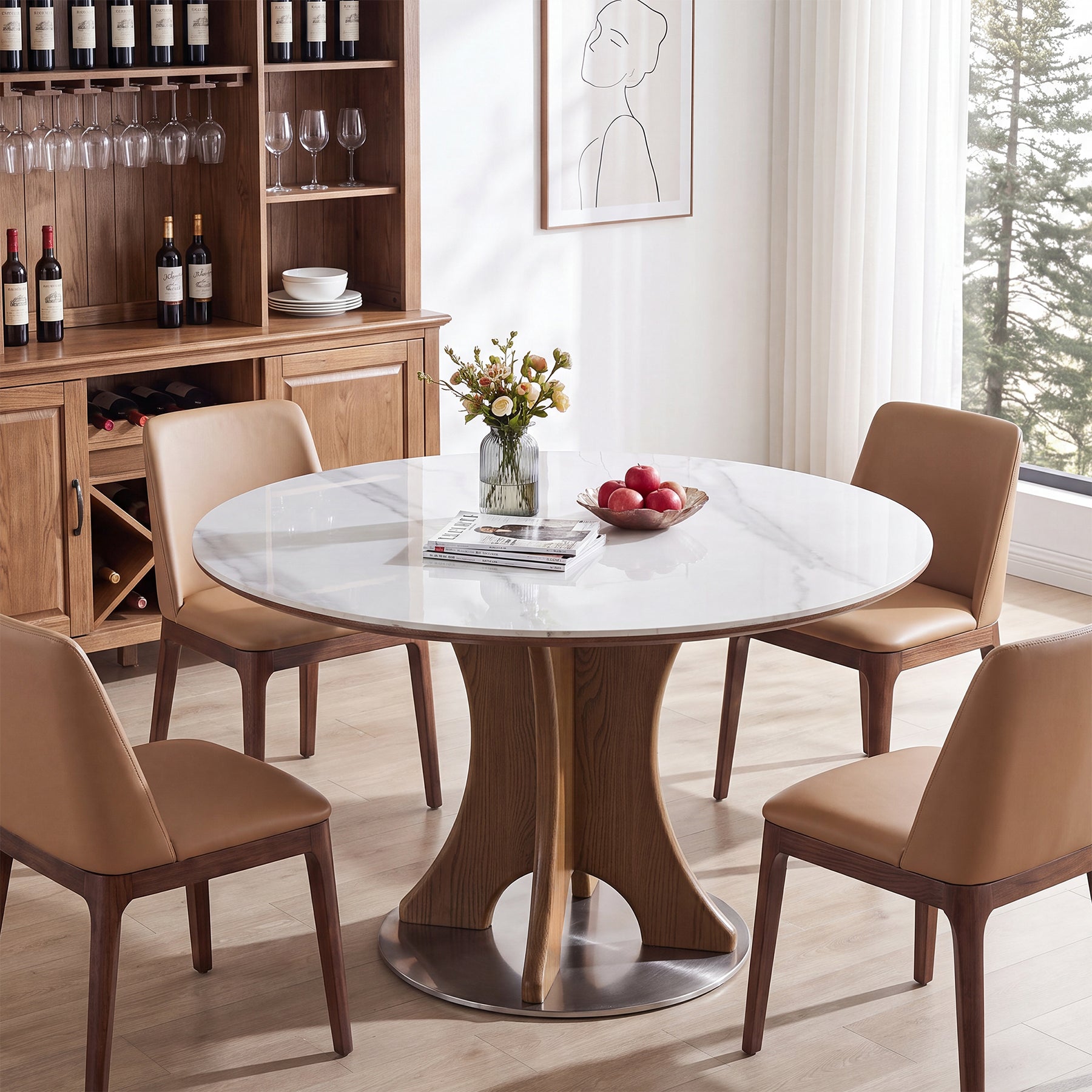 47" Luxury Sintered Stone Dining Table, Solid Wood Round Kitchen Table for 4-6 People