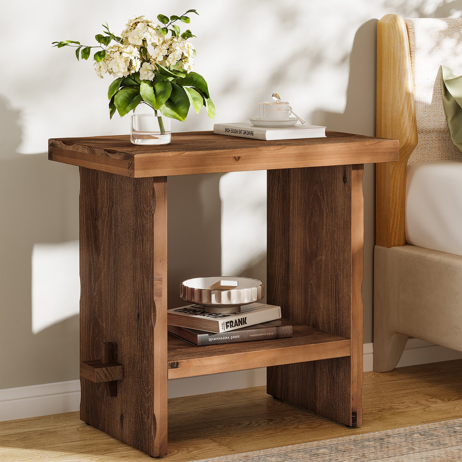 23.62-Inch Solid Wood Nightstand with Storage, Farmhouse Bedside Table with Wooden Base for Bedroom
