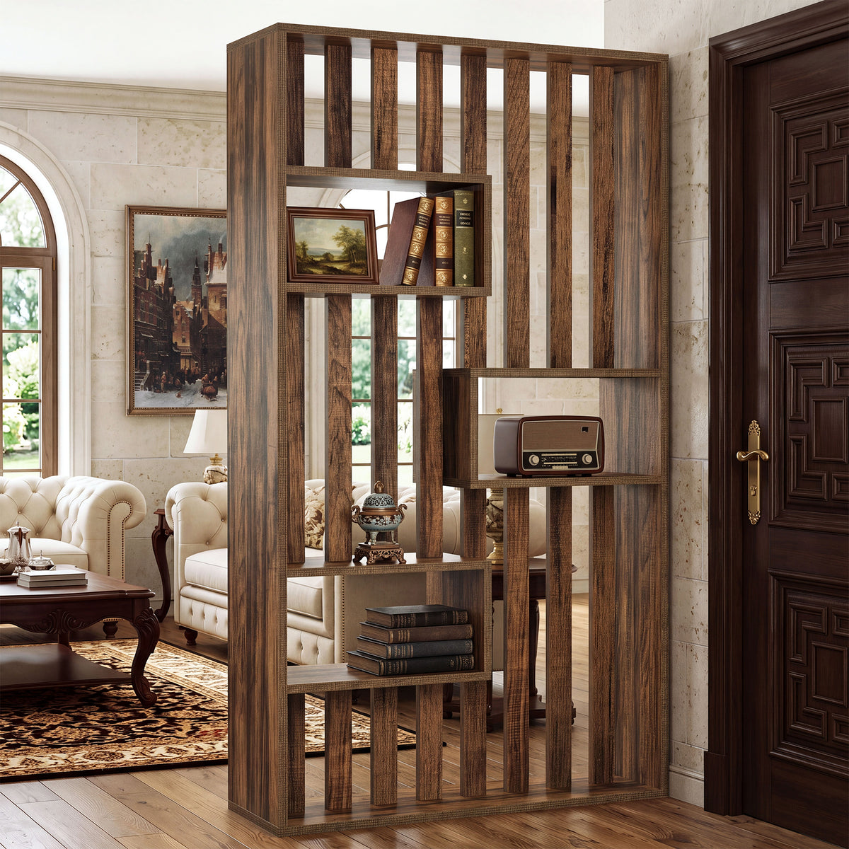 71" Wall Room Divider with Built-in Shelves for Room Separation, Freestanding Slatted Partition