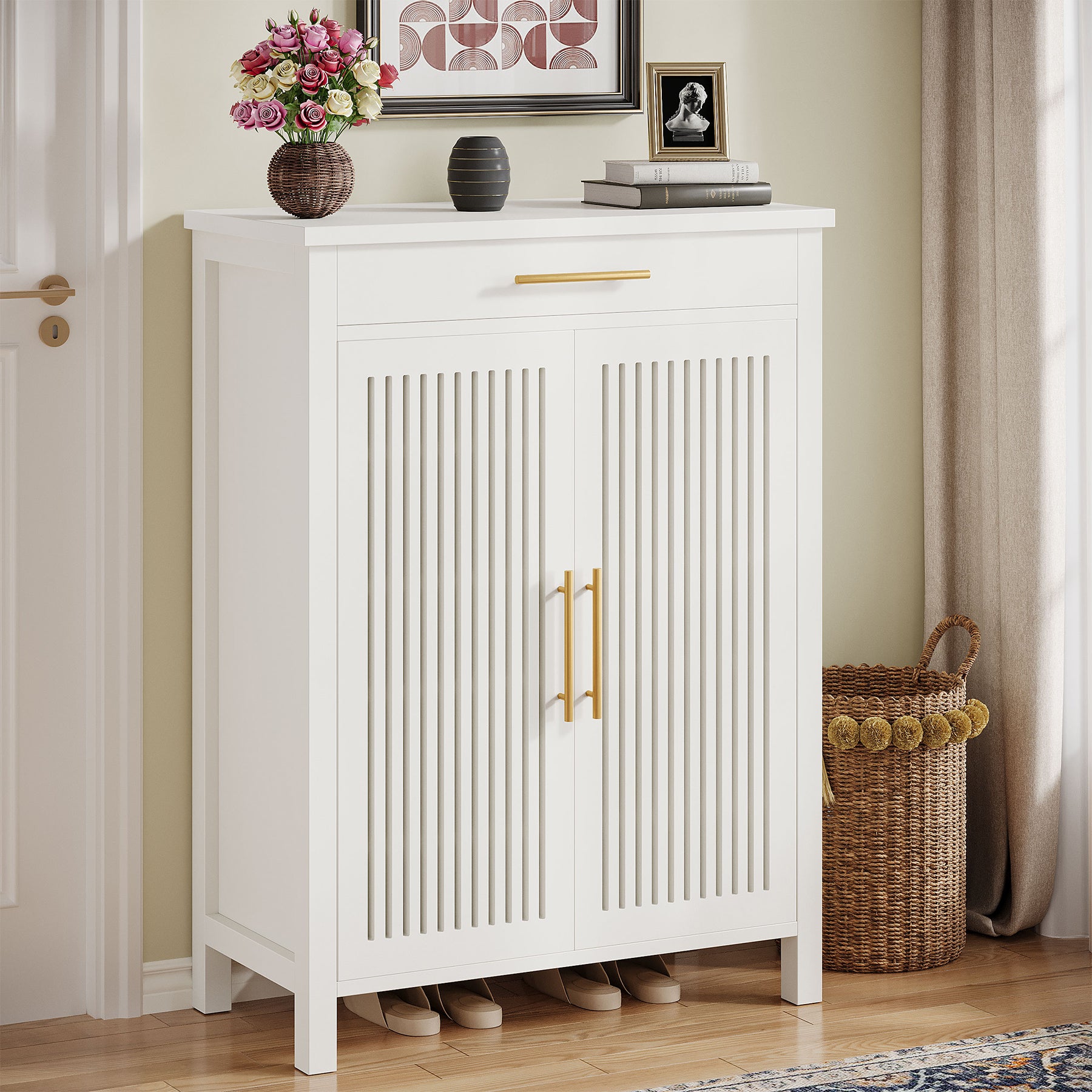 5-Tier Shoe Cabinet with Louvered Doors and Drawer