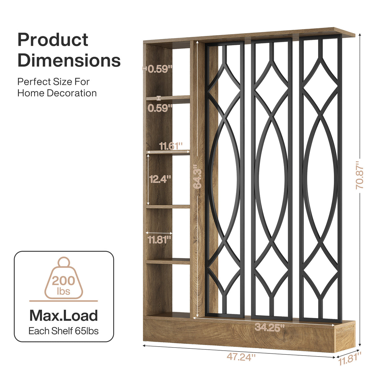 71" Industrial Room Divider with Shelves, Freestanding Storage Partition