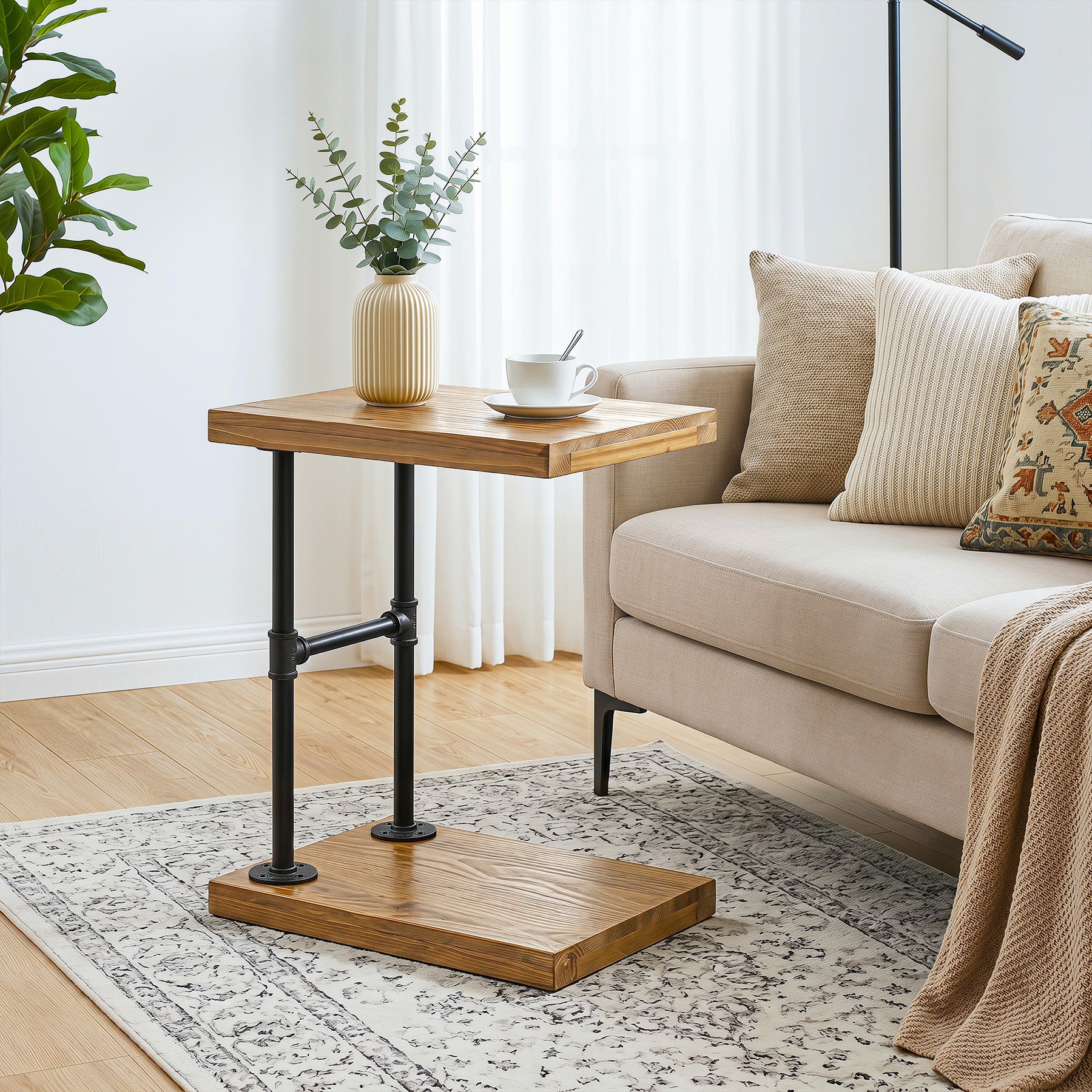 19.7" Solid Wood End Table, 2-Tier Storage Table