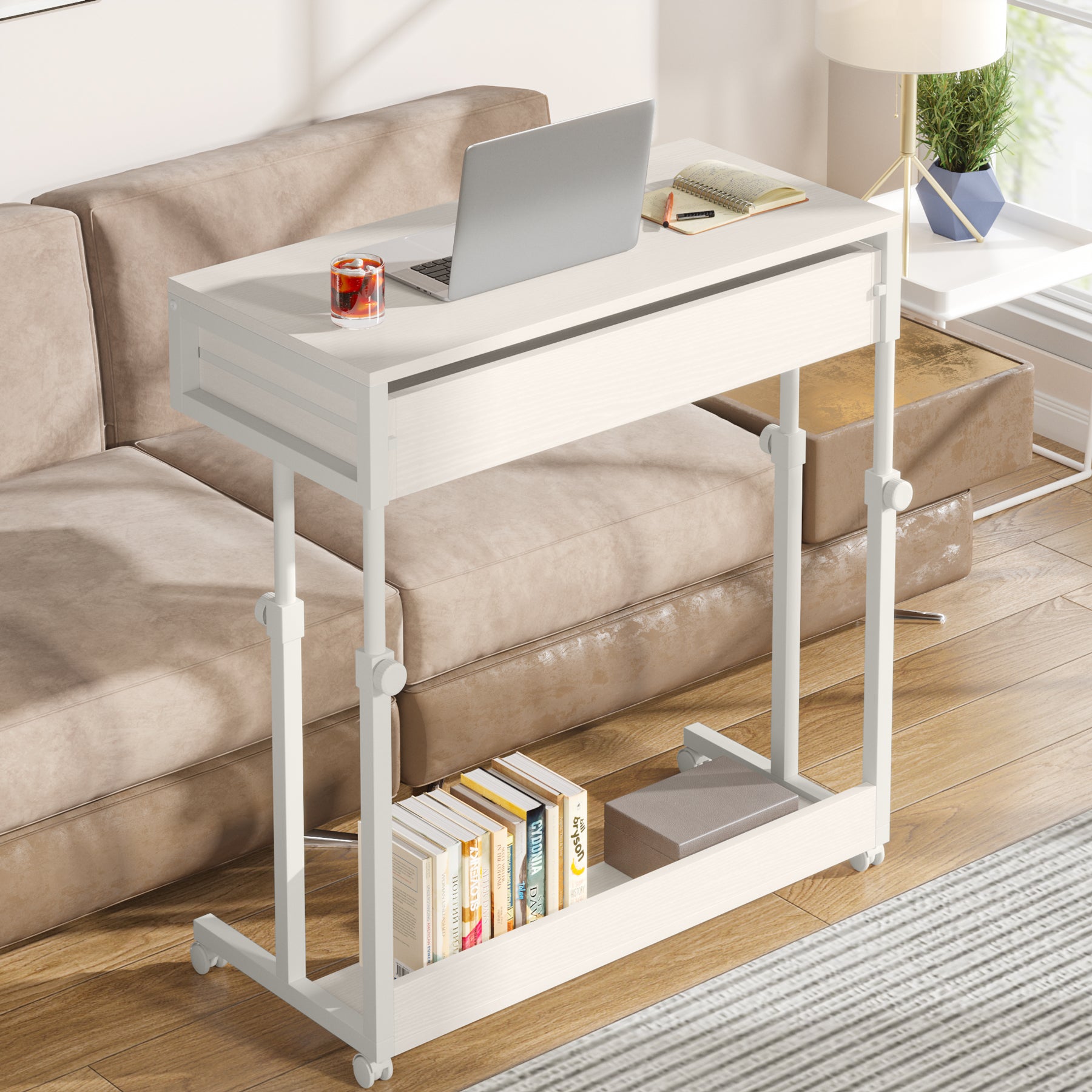 Height Adjustable Desk, Mobile Side Table Portable Desk with Drawers