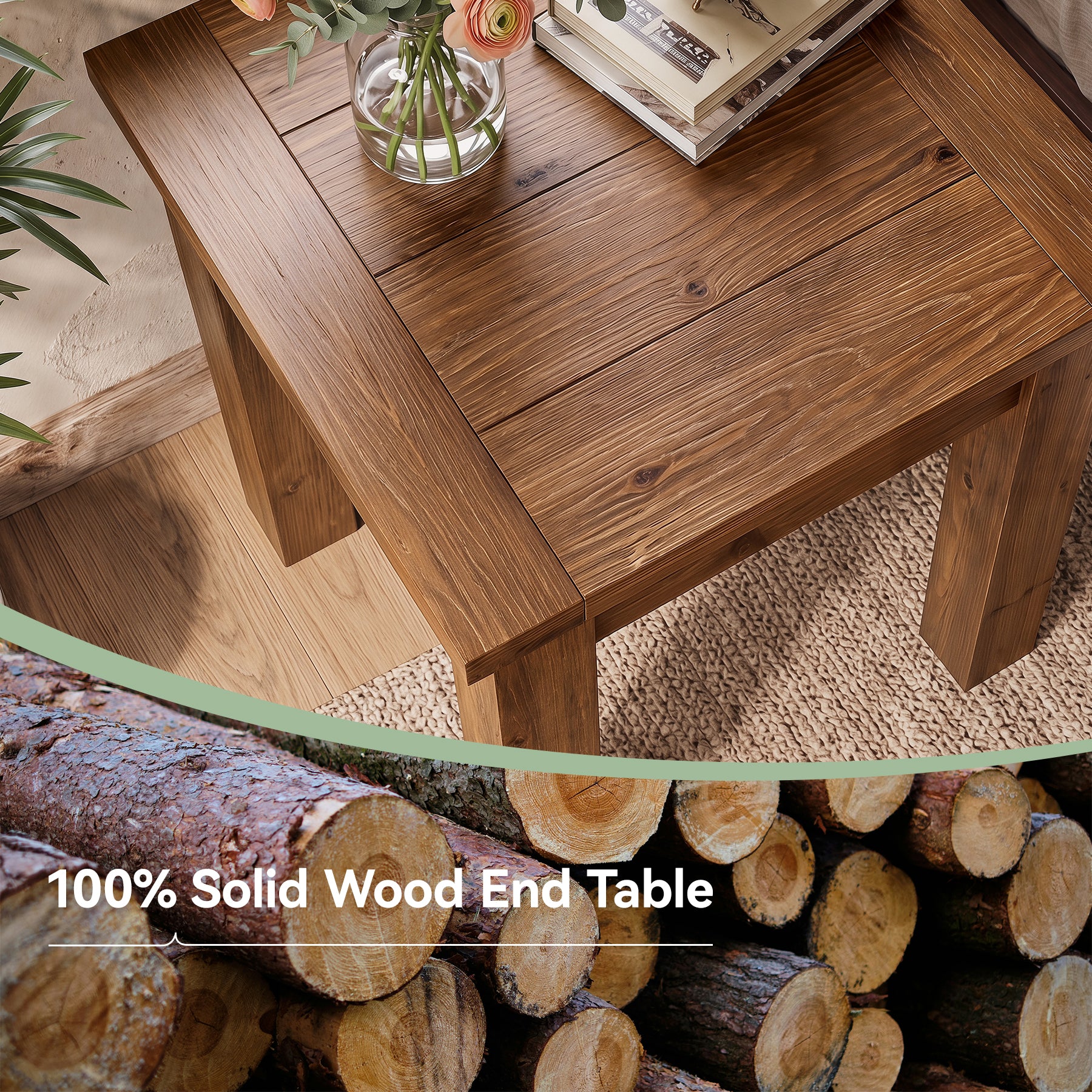 Square Solid Wood Side Table, Farmhouse End Tale with Stable Legs for Small Spaces