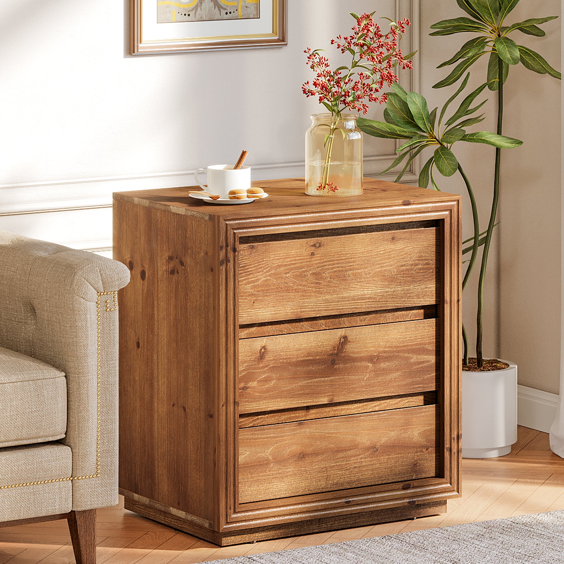 Tribesigns 23.62" Solid Wood End Table with 3 Drawers