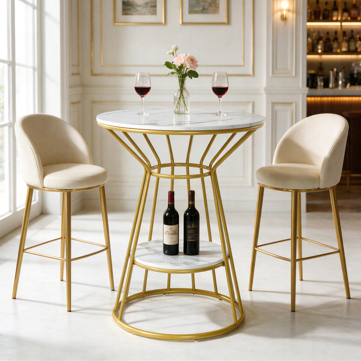 31.5" Marble-Look Round Bar Table, Modern Counter Height Table with Storage Shelf
