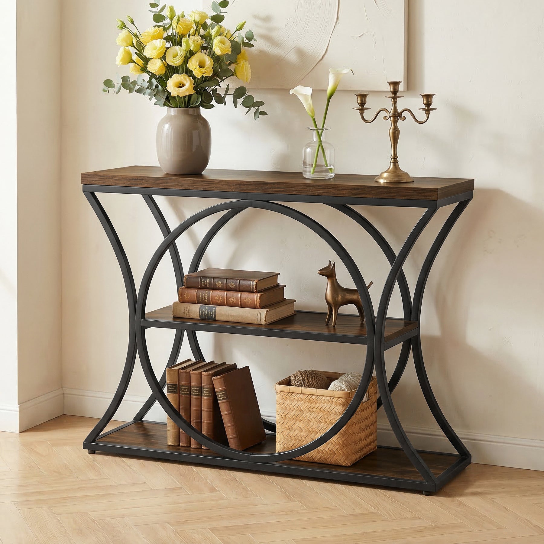 41.3" Industrial Console Table with 3-Tier Storage, Narrow Entryway Sofa Table with Arched Metal Frame