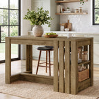 55" Kitchen Island, Farmhouse Stationary Island Table with 2-Tier Storage & Slatted Side Panel