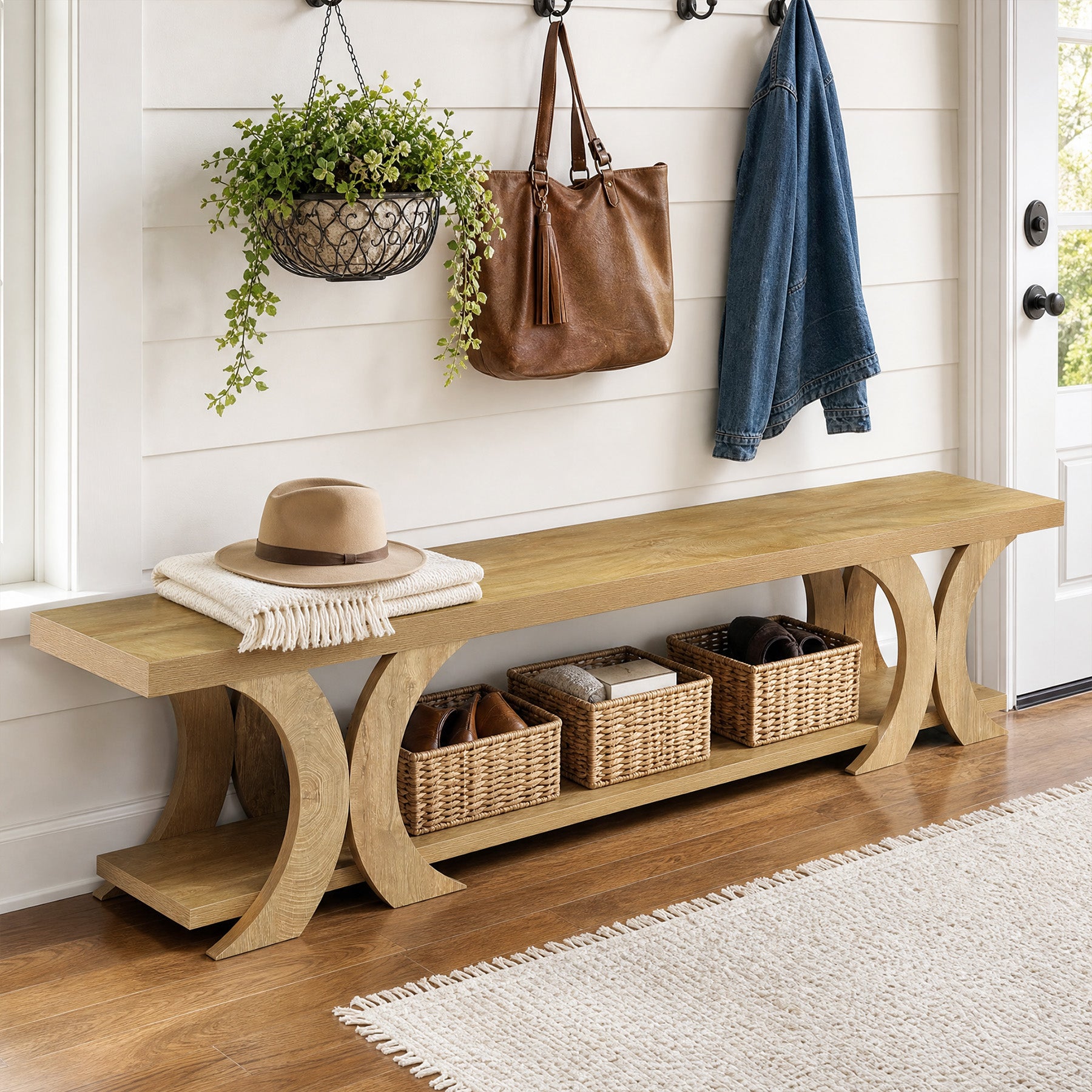 70.8" Long Entryway Bench, Farmhouse Seating End of Bed Bench with Shoe Storage