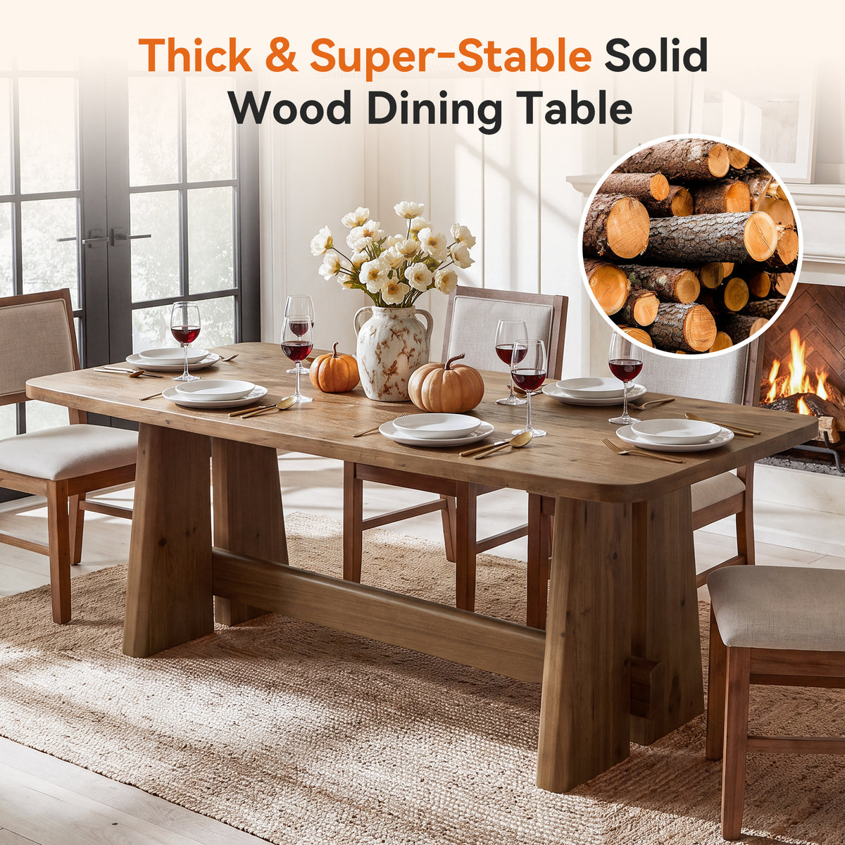 63" Farmhouse Solid Wood Dining Table for 4-6, Thick Top, Rectangular Kitchen Table
