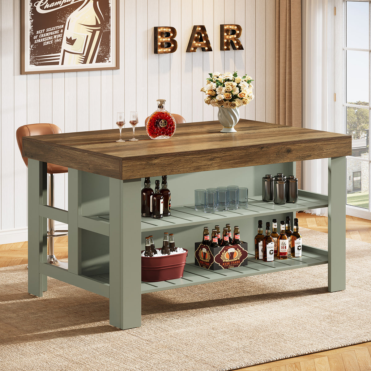 Home Bar Table Unit, 55" Counter Height Bar Cabinet with Storage Shelves