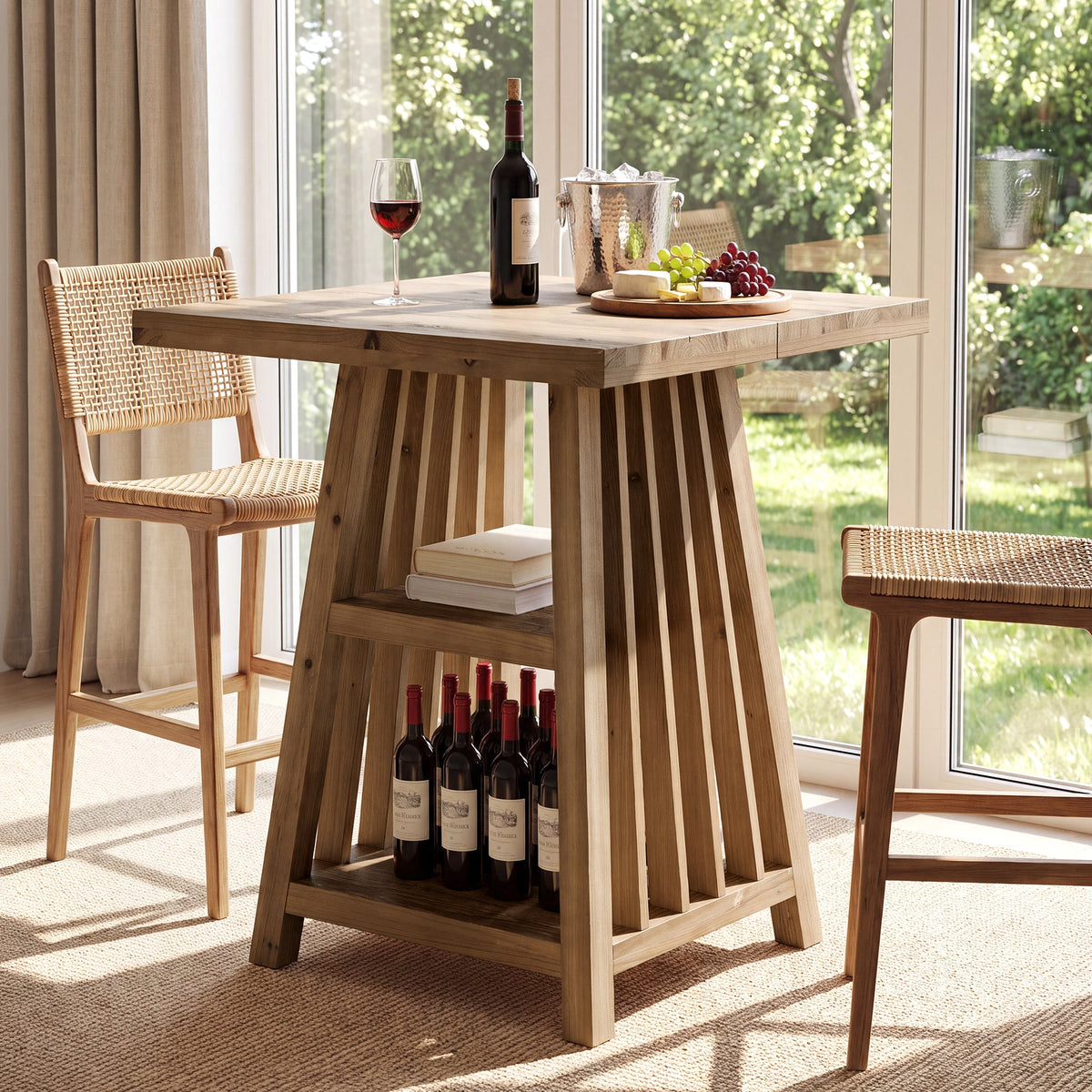 31.5" Square Solid Wood Bar Table with Storage, Counter Height Pub Table for Kitchen