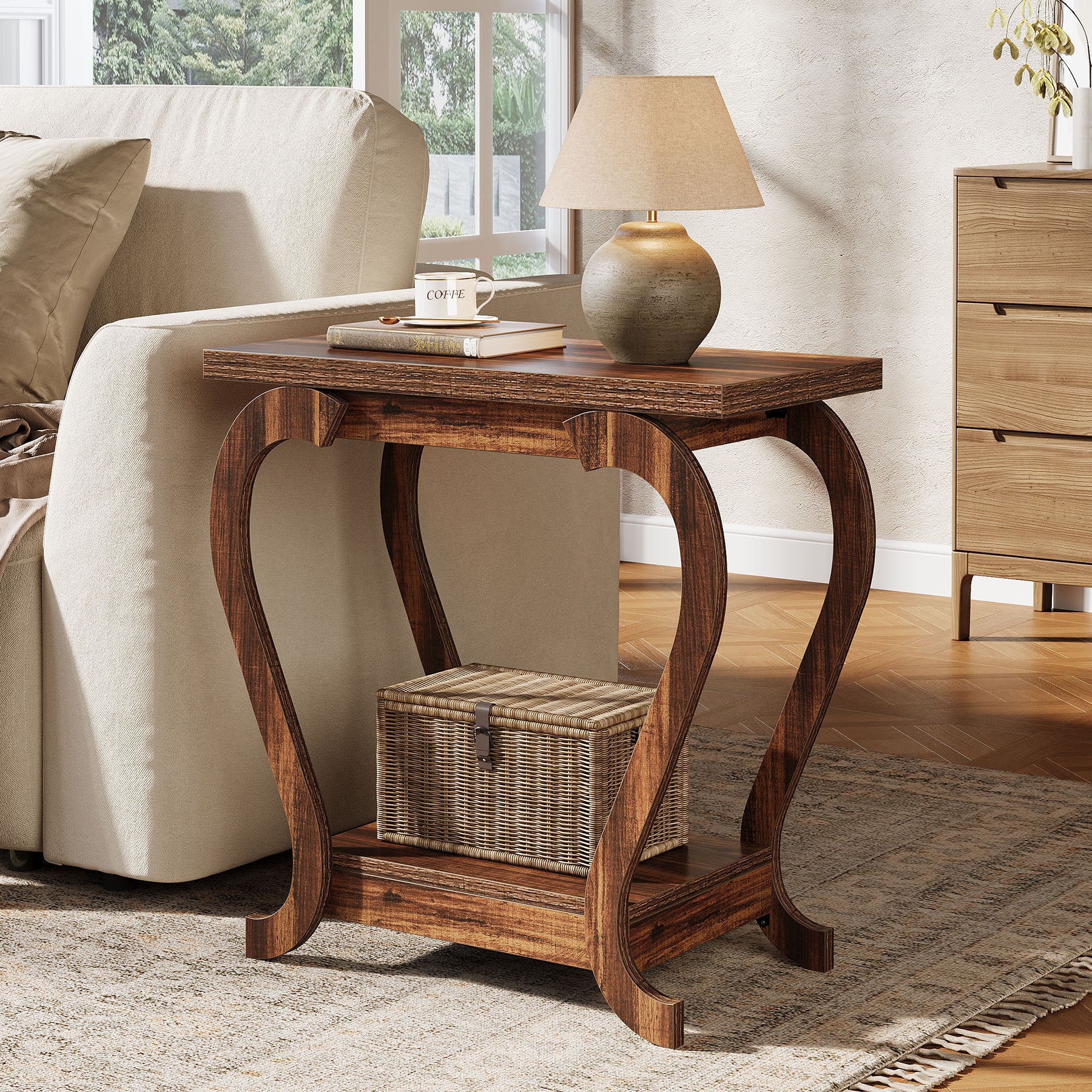 2-Tier End Table, Narrow Accent Side Table with with Storage Shelves