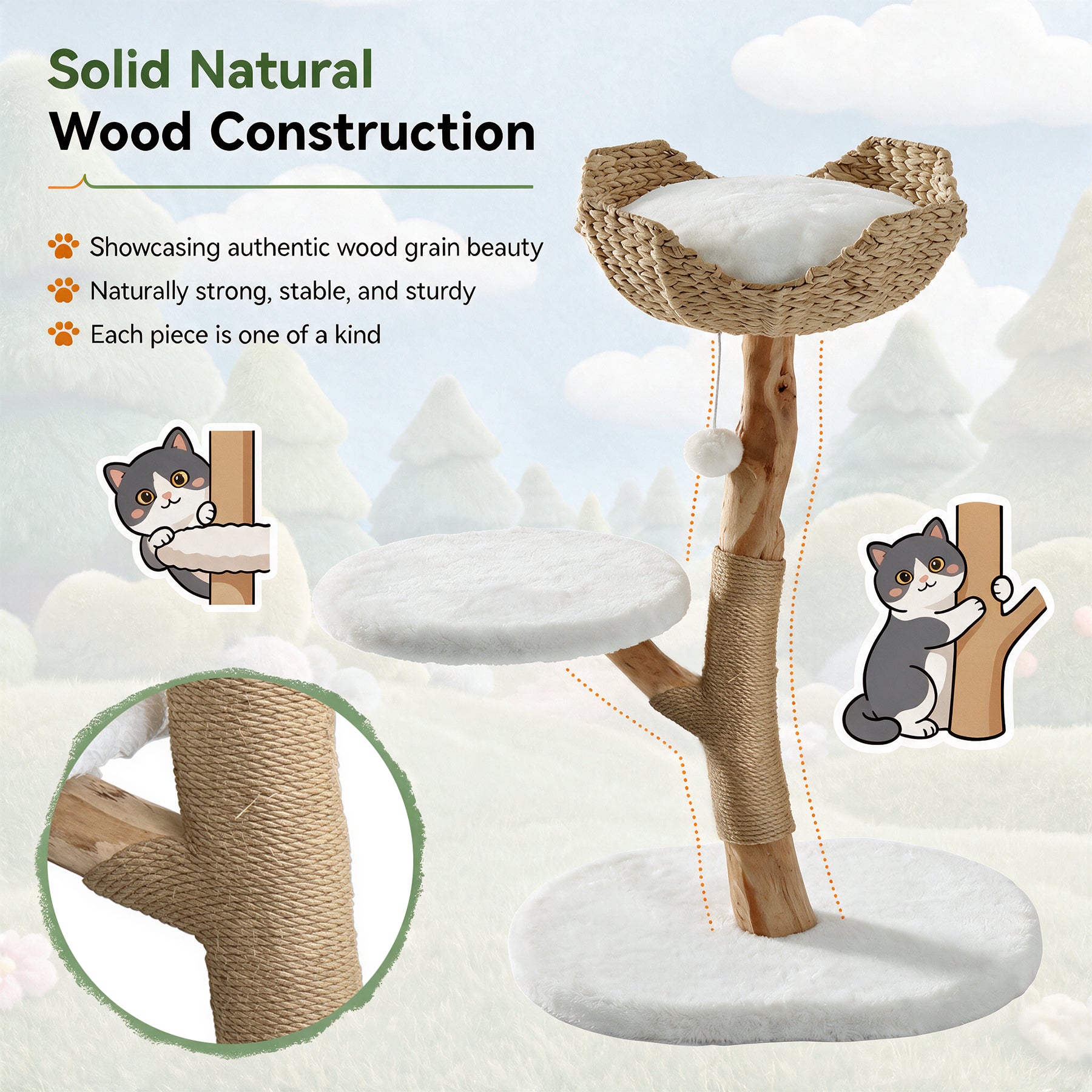 35" Tall Solid Wood Cat Tree, Boho Cat Tower with Cat Ear Wicker Basket Bed with Real Branch Design