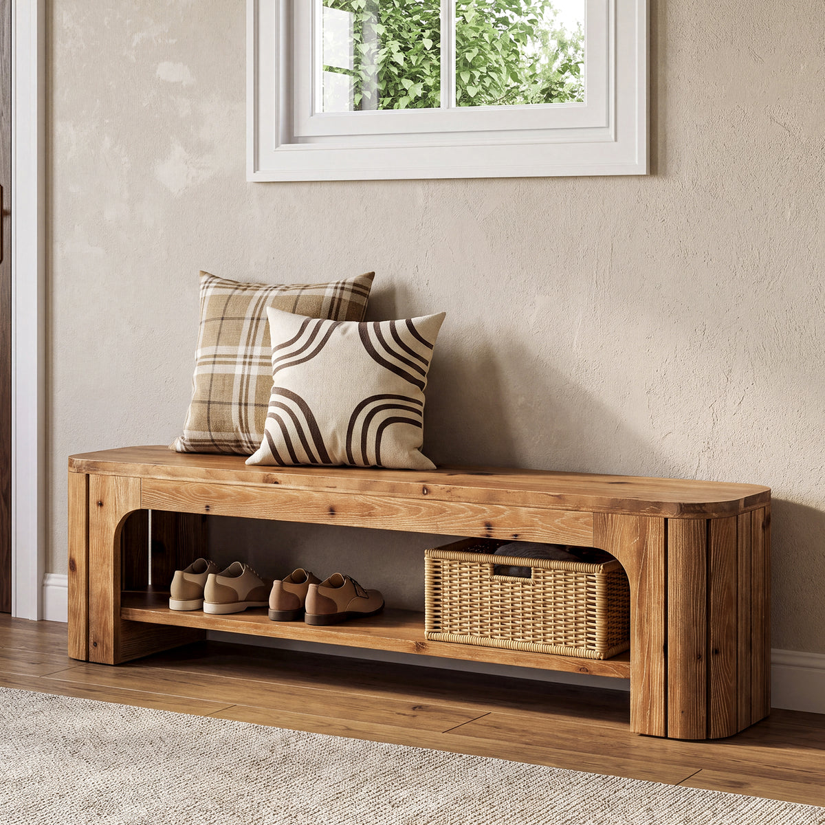 63" Solid Wood Entryway Bench, 2-Tier Open Shoe Storage, Rustic Hallway Bench