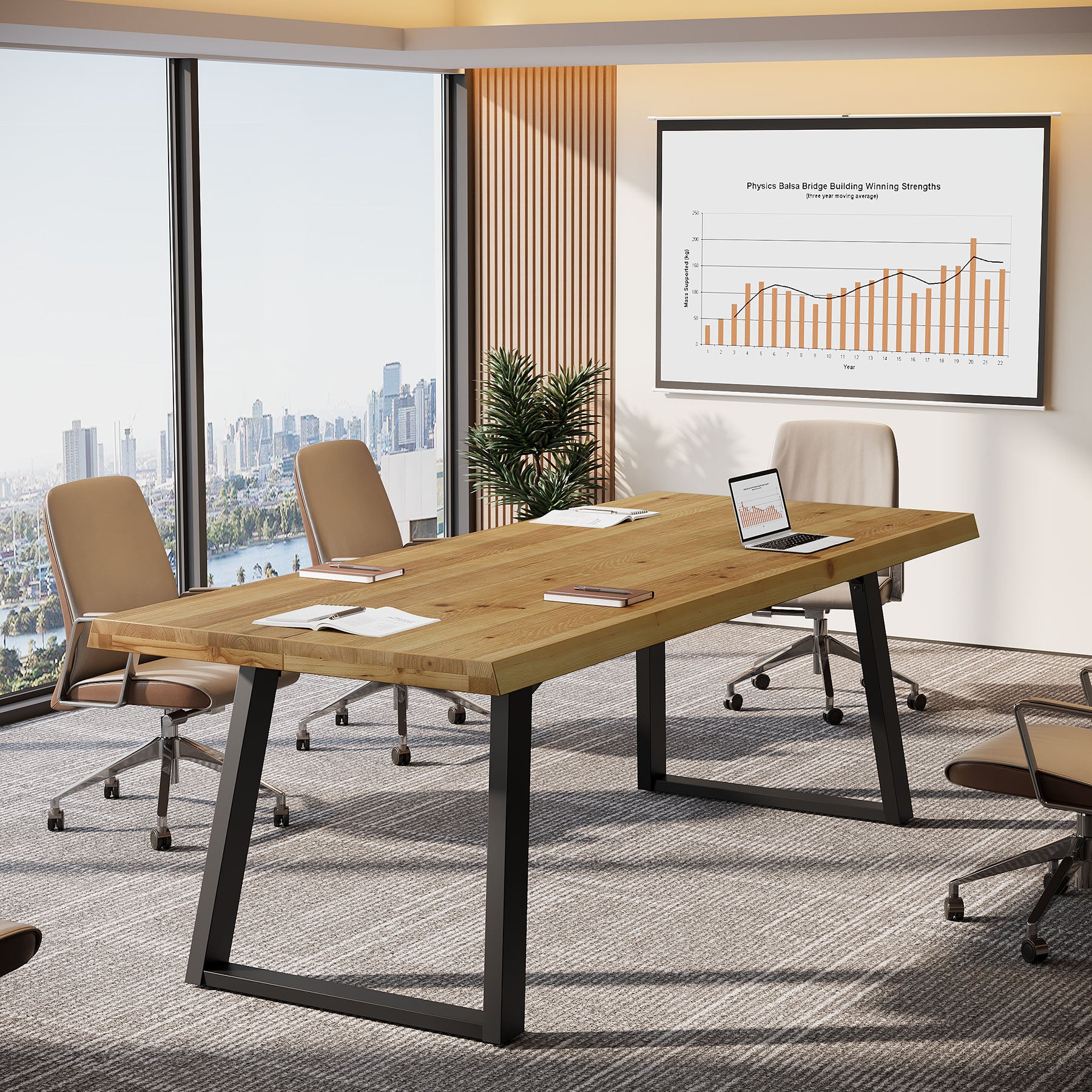 63" Solid Wood Conference Table, Farmhouse Computer Desk with Metal Legs