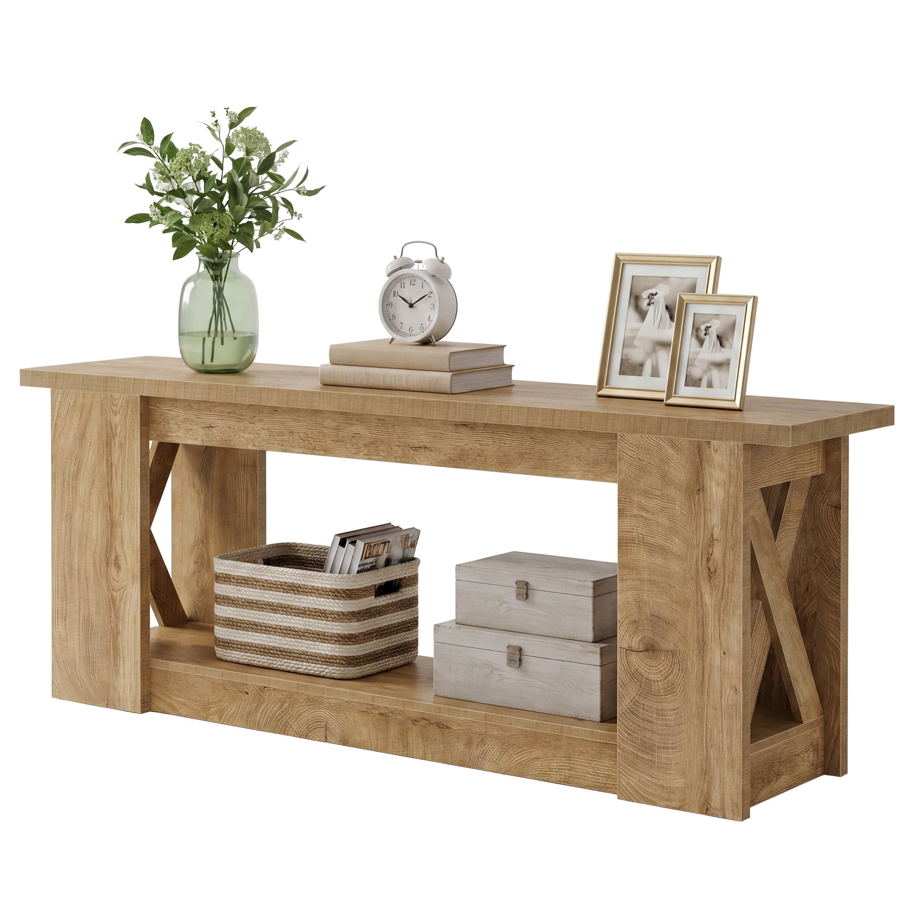 63-Inch Farmhouse TV Stand for TVs up to 70 Inches, Rustic Media Console with 2-Tier Open Storage