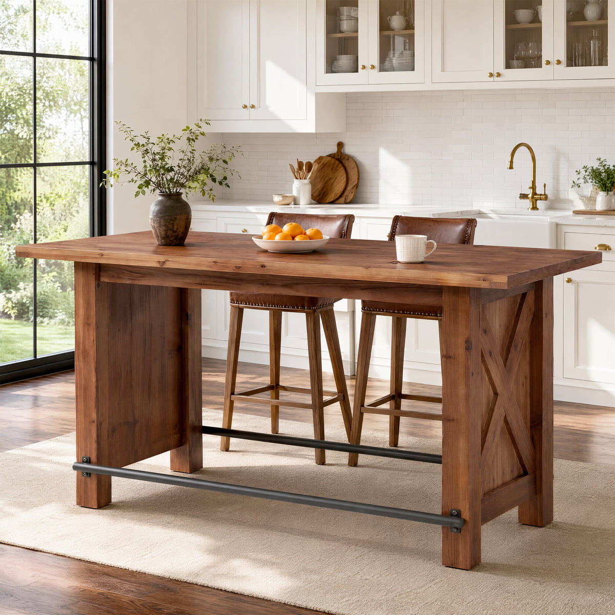 63" Farmhouse Solid Wood Kitchen Island with Metal Footrest, Counter Height Table