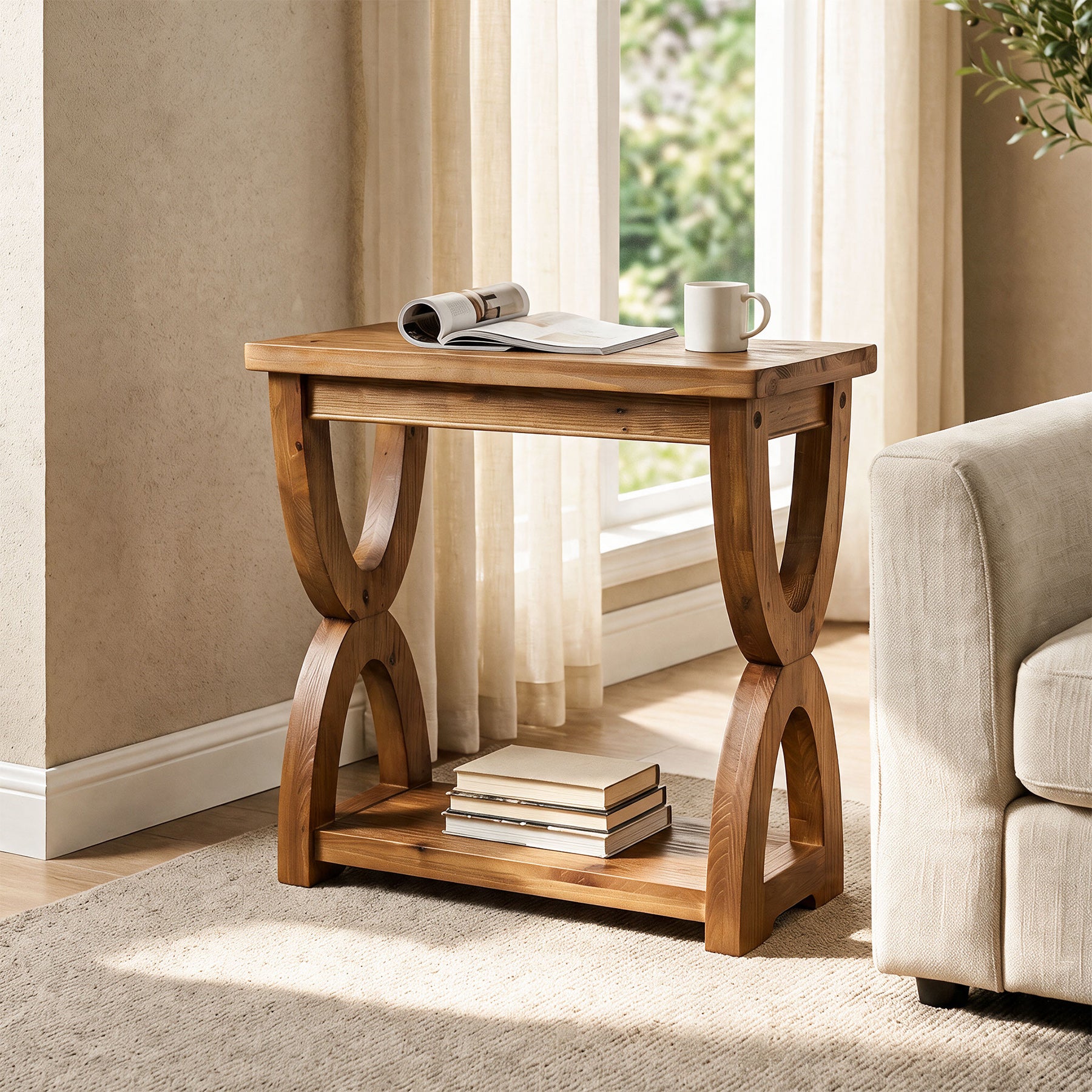 Solid Wood Side Table, 2-Tier Small End Table Bedside Table for Living Room