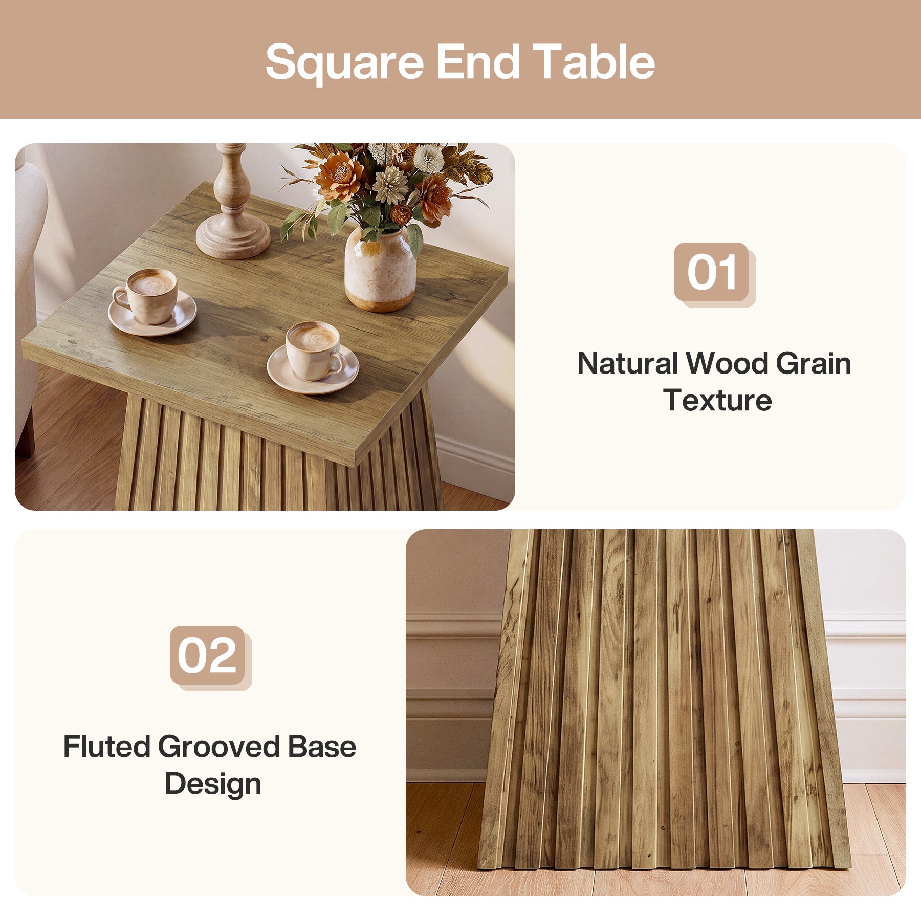 19.7" Square End Table, Modern Rustic Side Table with Fluted Base for Small Space