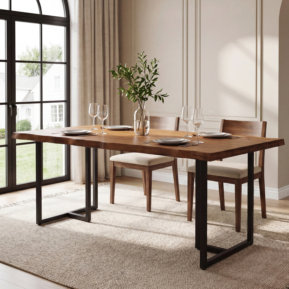 63" Solid Wood Dining Table, Rectangular Kitchen Table with Live-Edge Inspired Top for 4–6