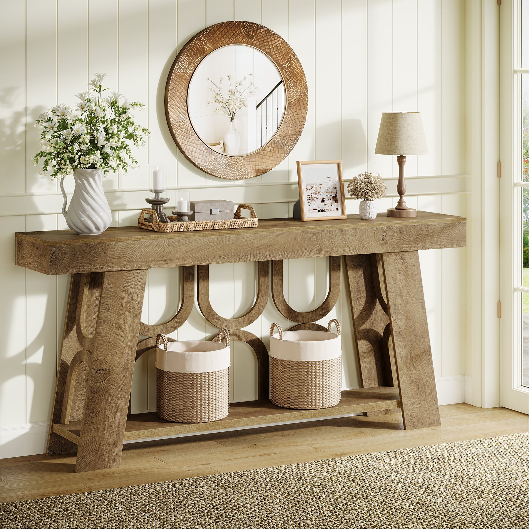 63" Console Table with Arched Legs, 2-Tier Farmhouse Entryway Table