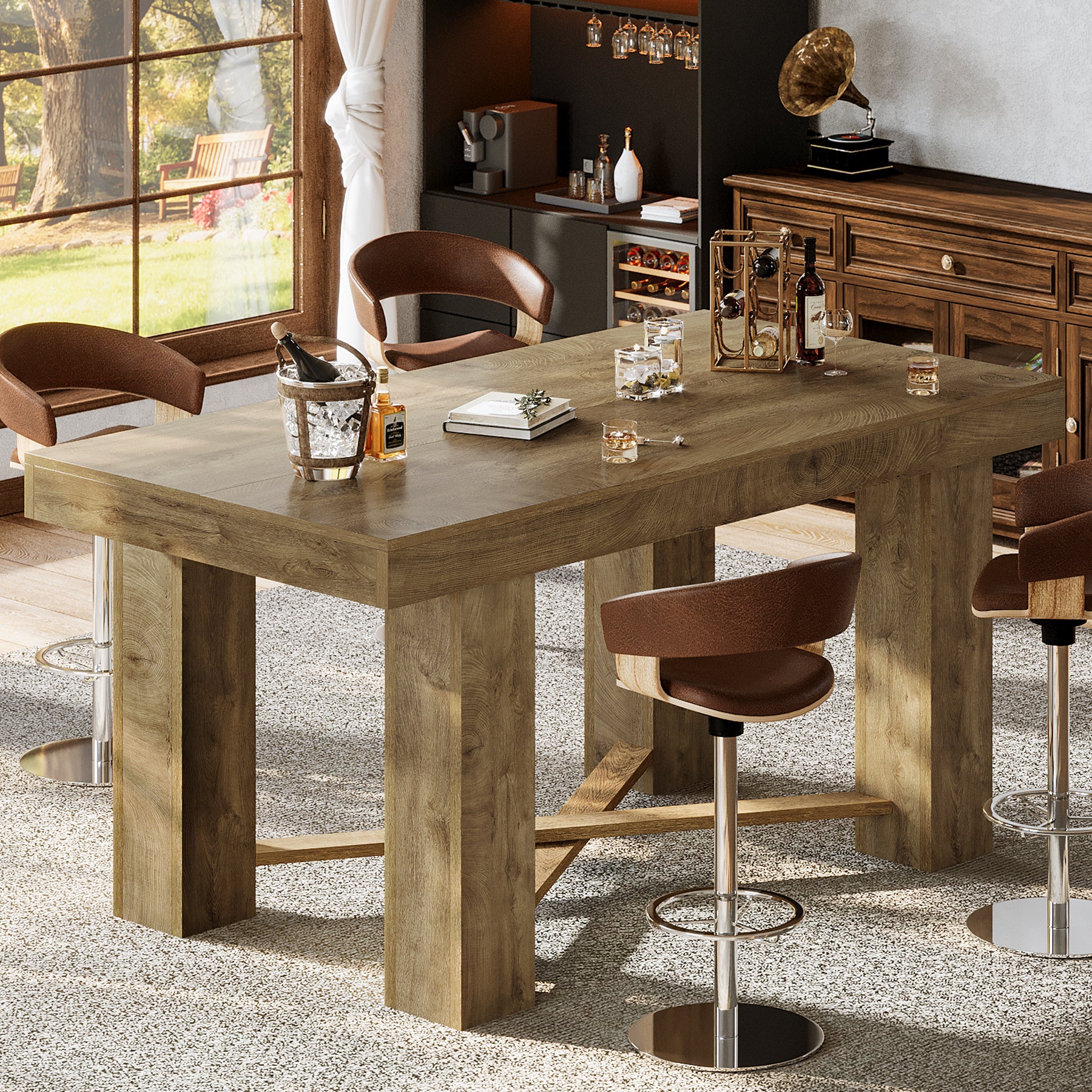 55 Inch Farmhouse Bar Table Counter Height, Rectangular Wooden Pub Table