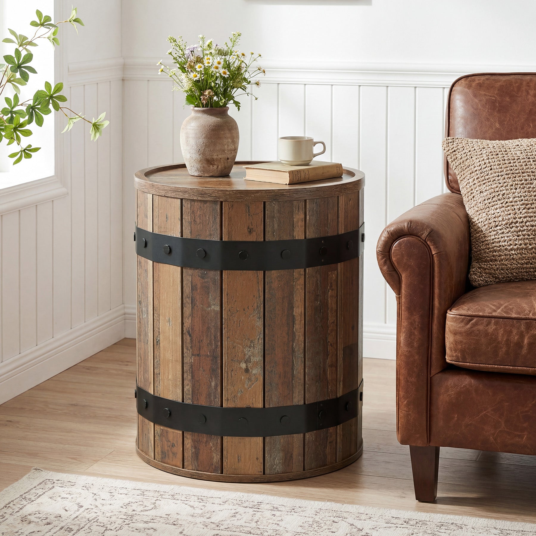 19.68" Barrel Side Table with Hidden Storage, Round Wood End Table with Lid for Living Room and Bedroom