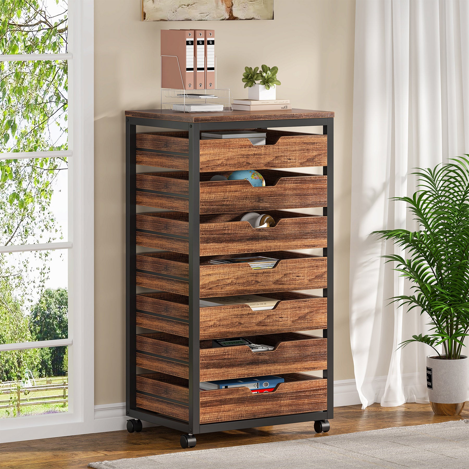 5/7 Drawer File Cabinet, Mobile Drawer Chest Storage Dresser Cabinet, Rustic Brown / 7 Drawer