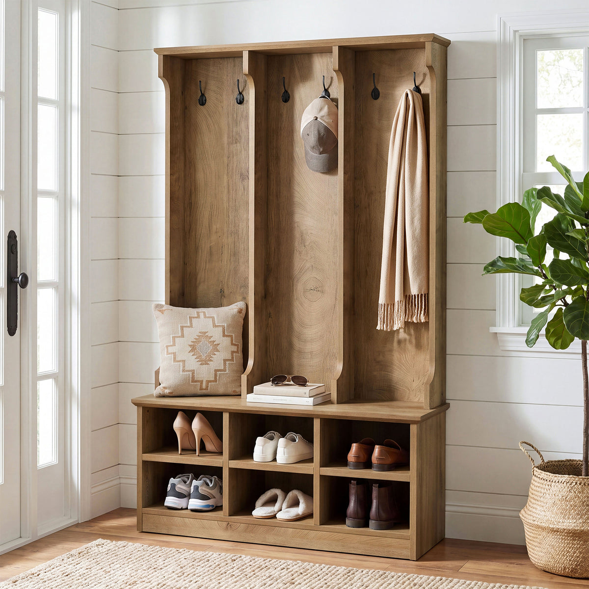 3-in-1 Hall Tree with Shoe Bench and Storage, 70.9" Entryway Coat Rack with 6 Double Hooks