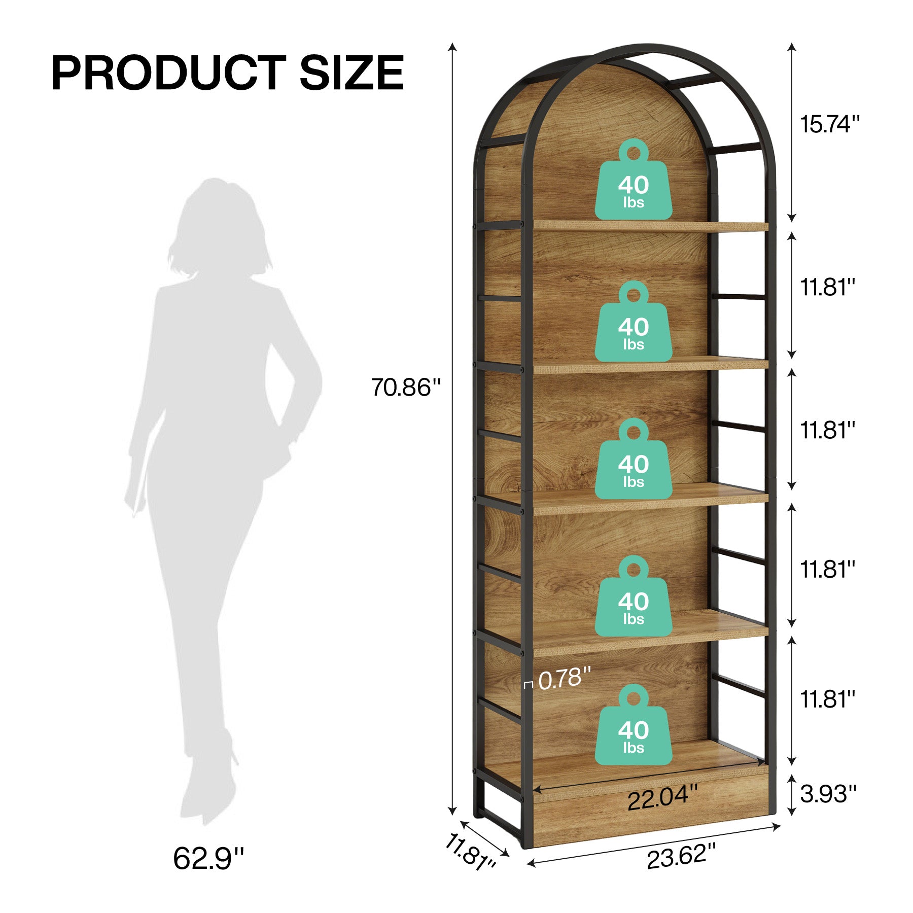 5 Tier Arched Bookcase, 70.8" Industrial Bookshelves for Living Room