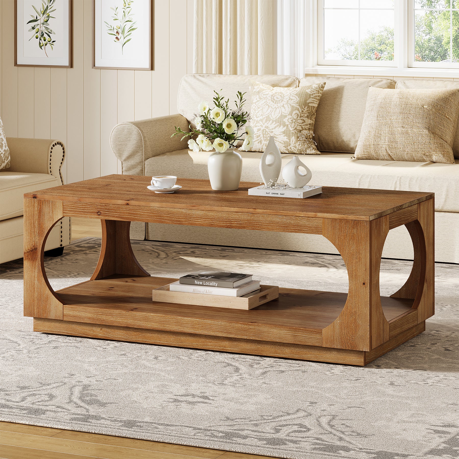 2-Tier Solid Wood Coffee Table, 47.2" Farmhouse Center Tables with Storage